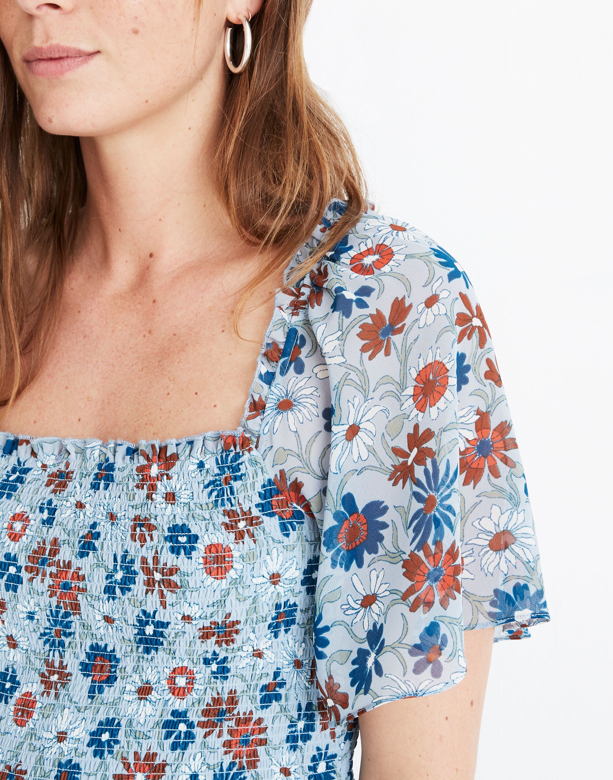 Flutter-Sleeve Smocked Dress in Wildflower Garden