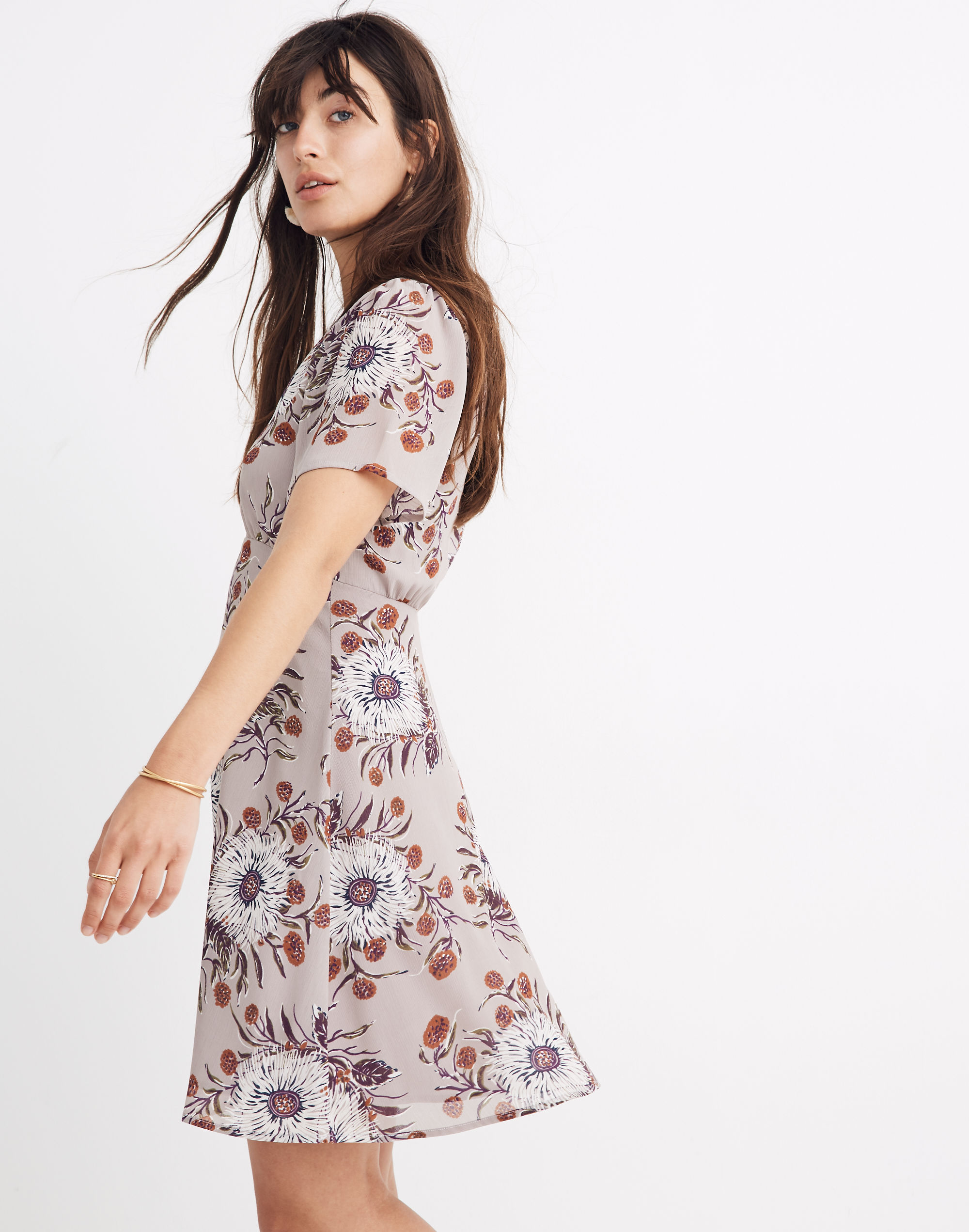 Smock-Shoulder Mini Dress in Painted Blooms