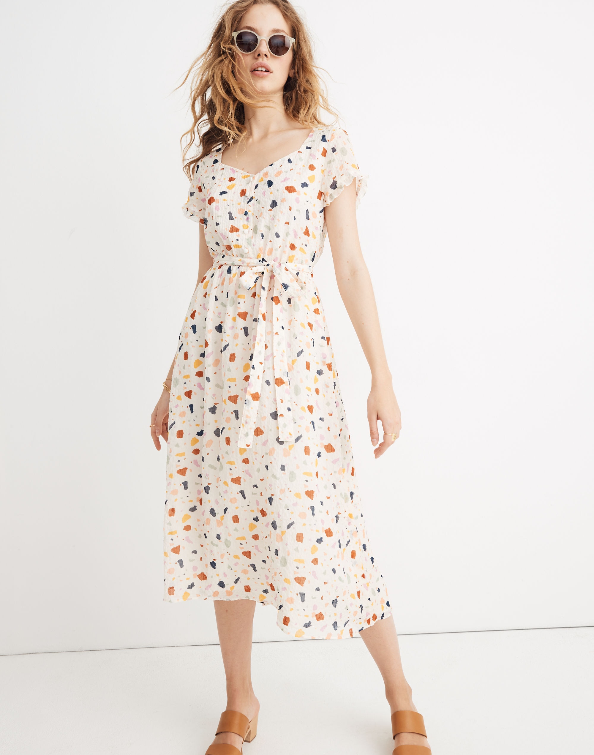 tie-waist midi dress in terrazzo