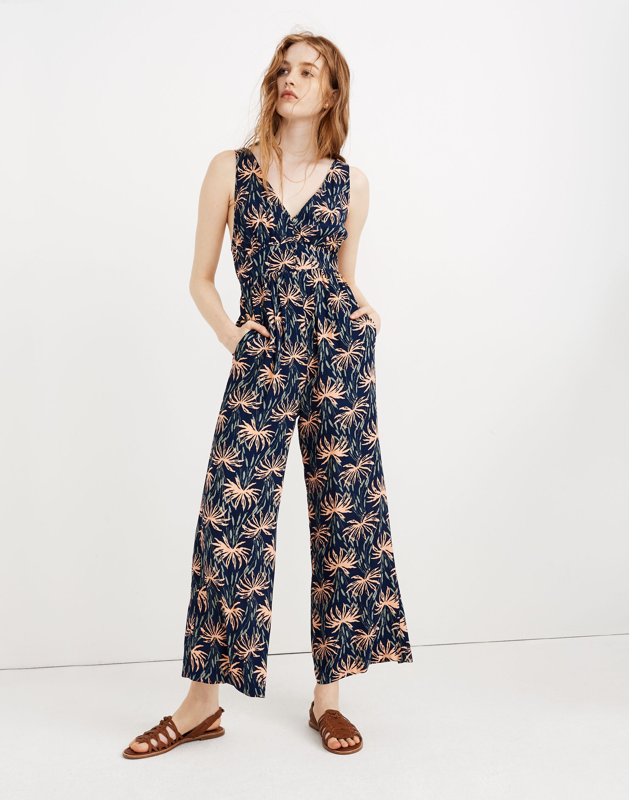 V-Back Wide-Leg Jumpsuit in Oasis Palms