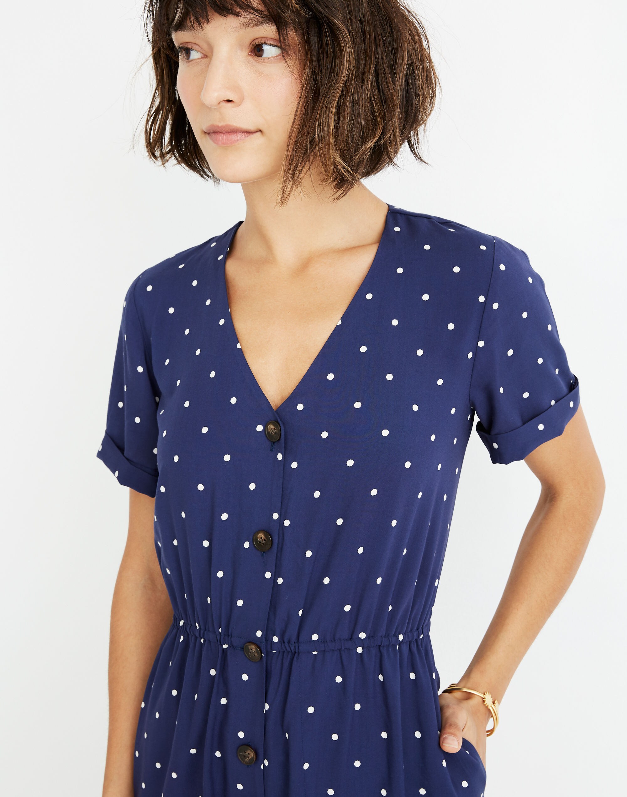 Button-Front Day Romper in Polka Dot