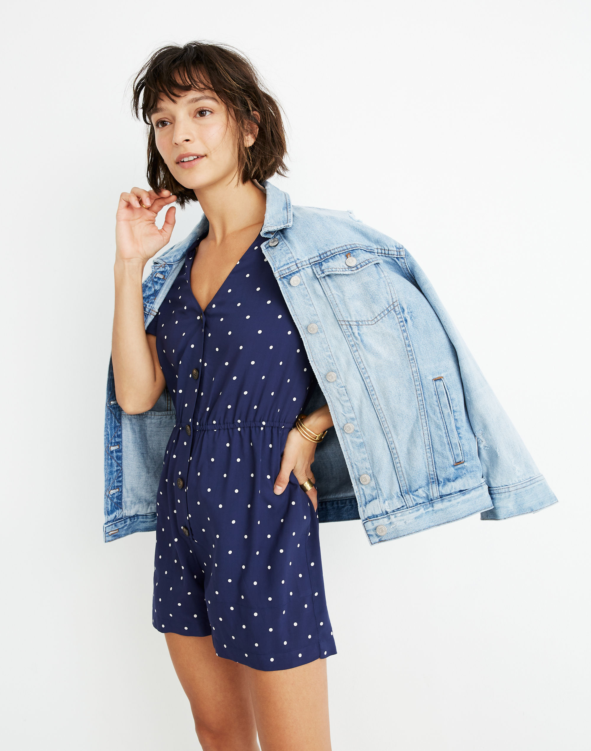 Button-Front Day Romper in Polka Dot