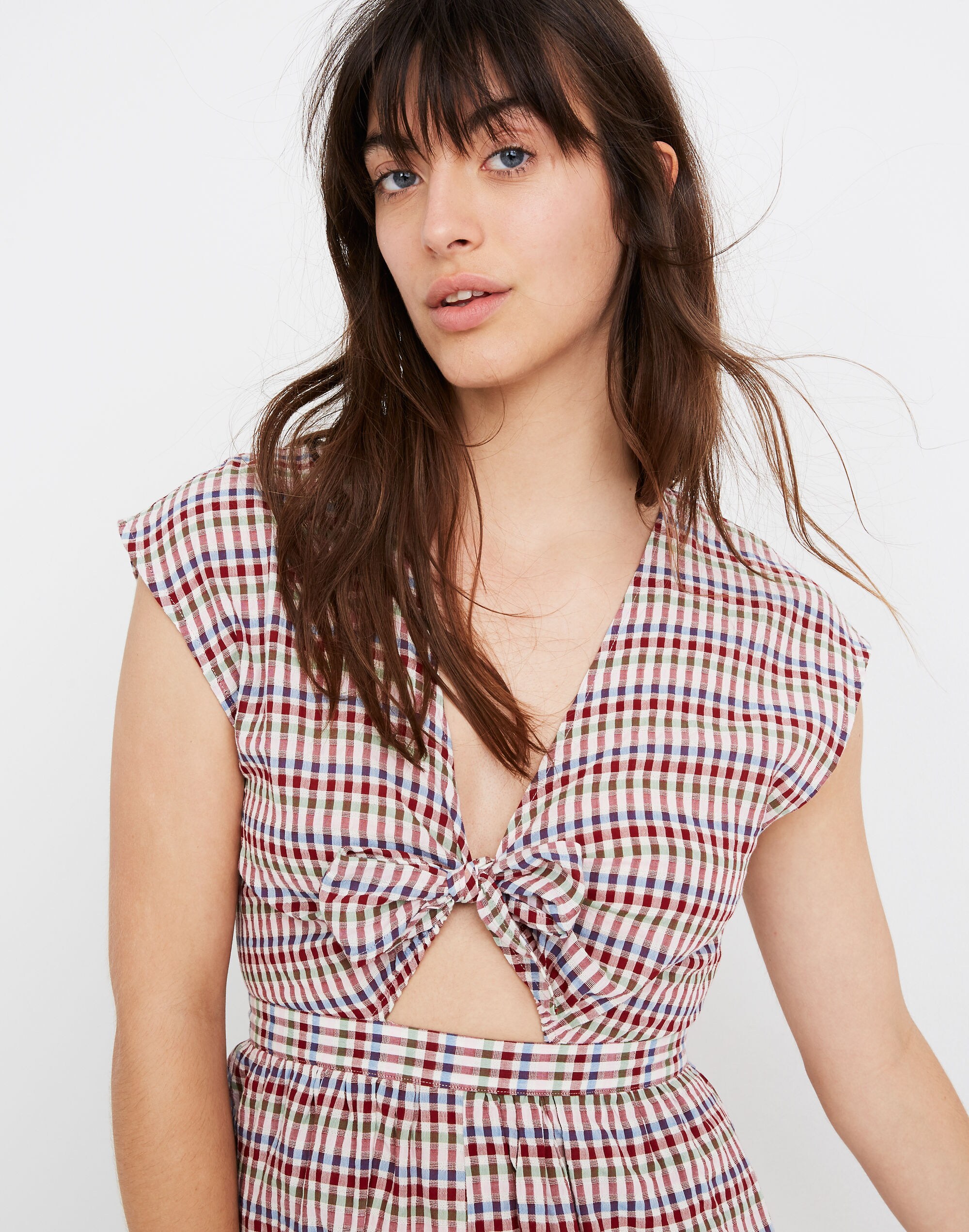 Gingham Tie-Front Cutout Romper