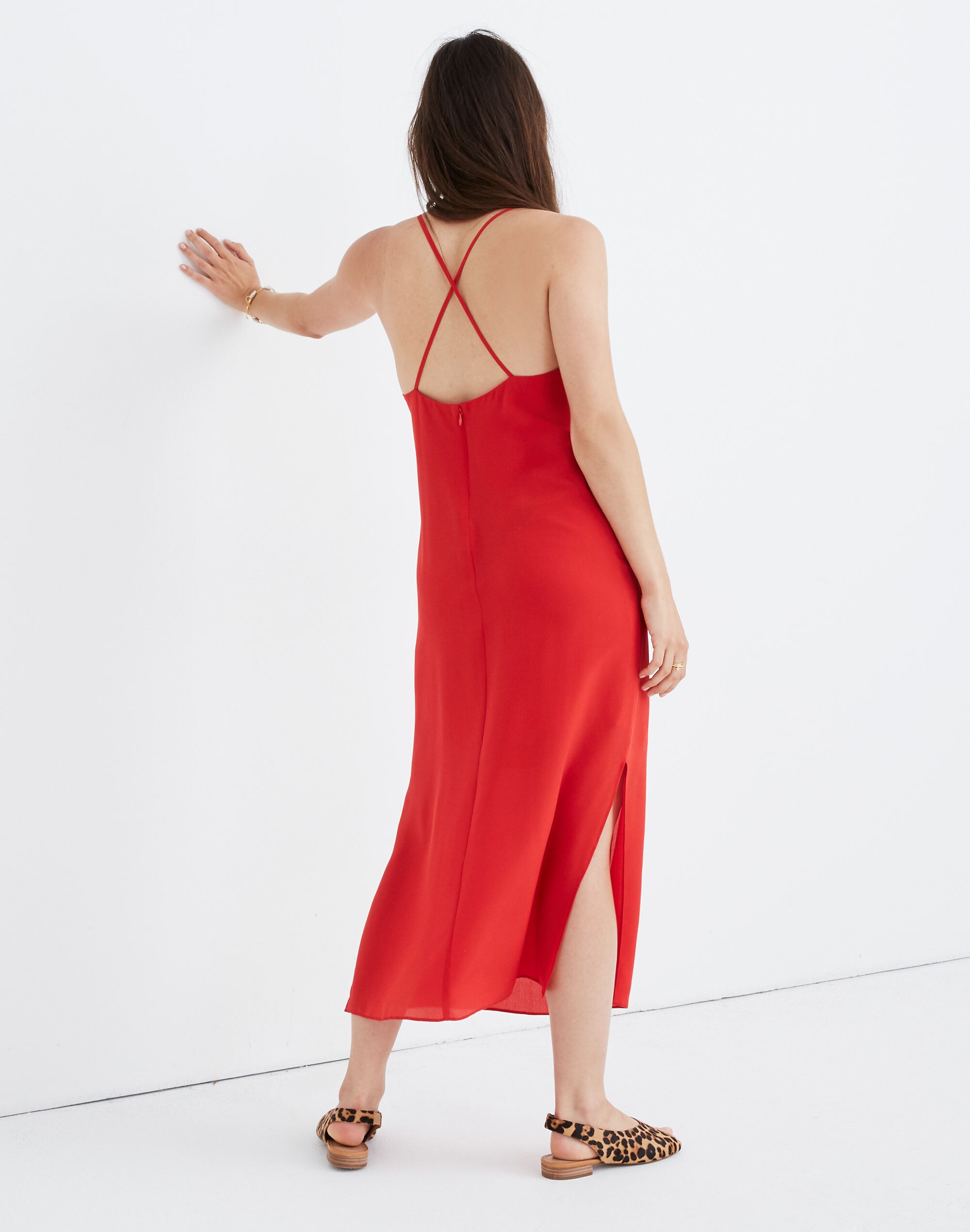 Silk Cross-Back Slip Midi Dress