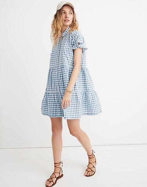 Ruffle-Sleeve Tiered Shirtdress in Gingham Check