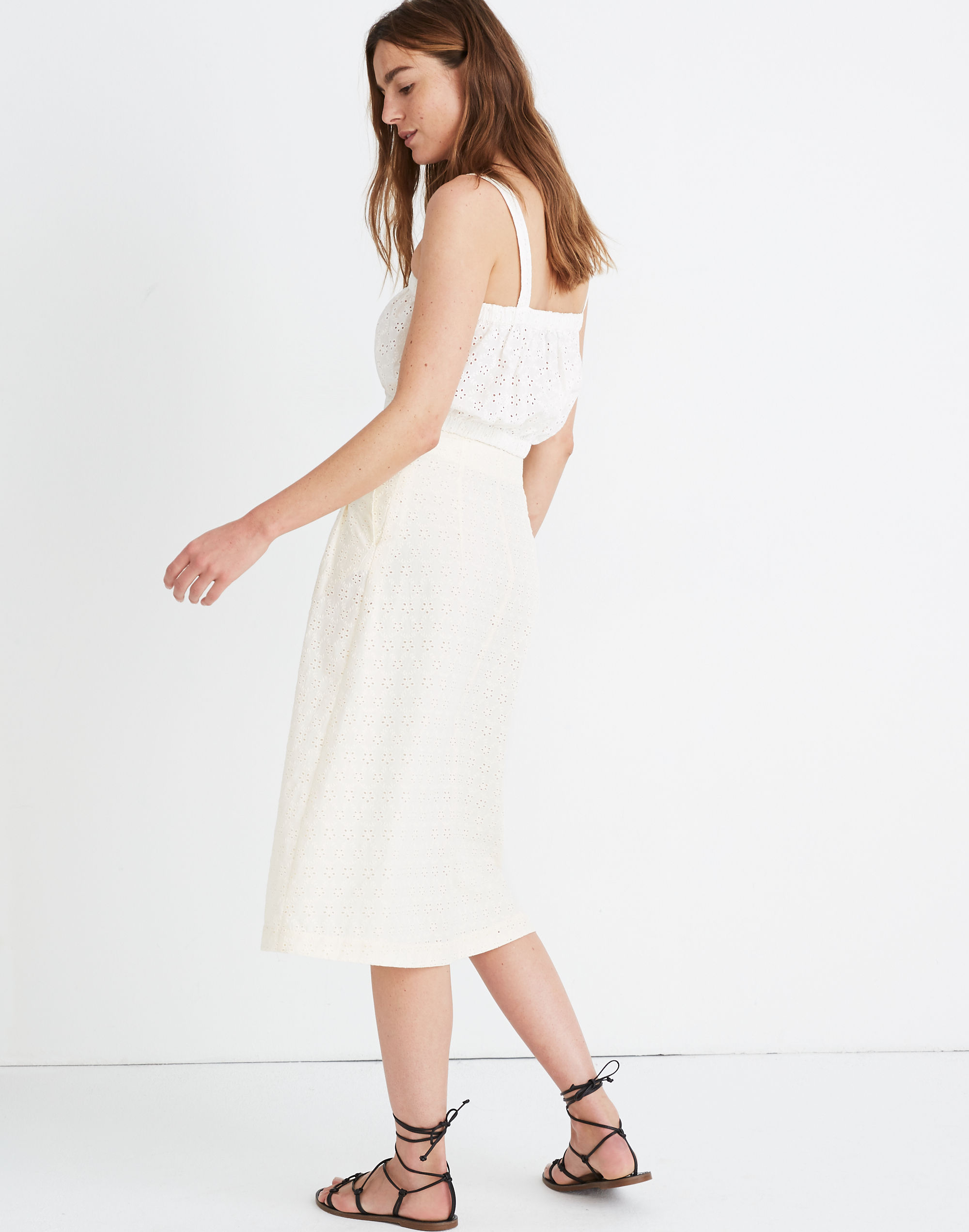 Eyelet Patio Button-Front Midi Skirt