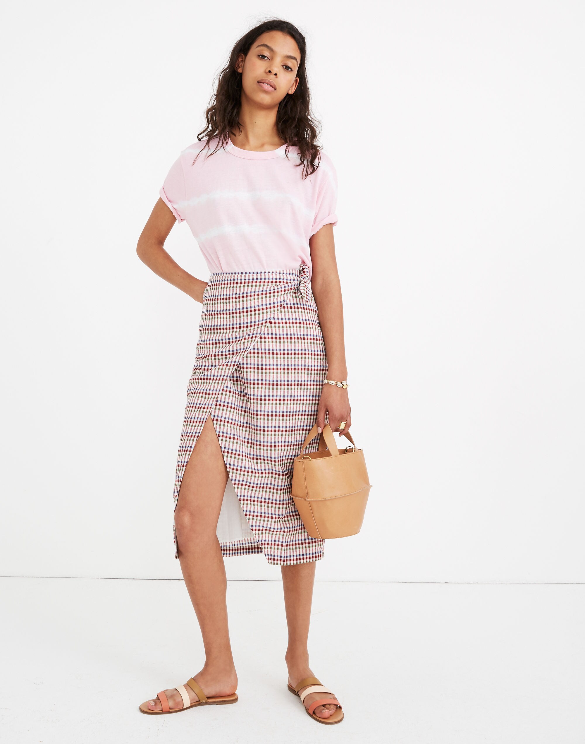 Sarong Midi Skirt in Rainbow Gingham