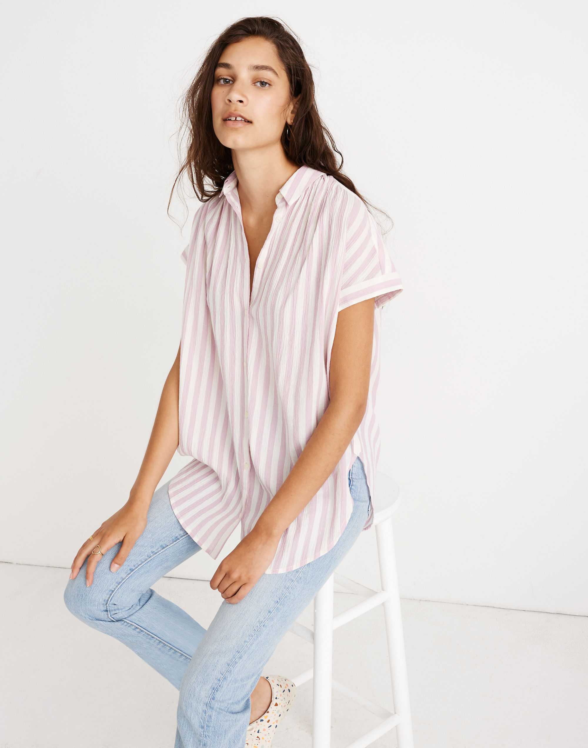 Petite Central Tunic Shirt in Lavender Stripe