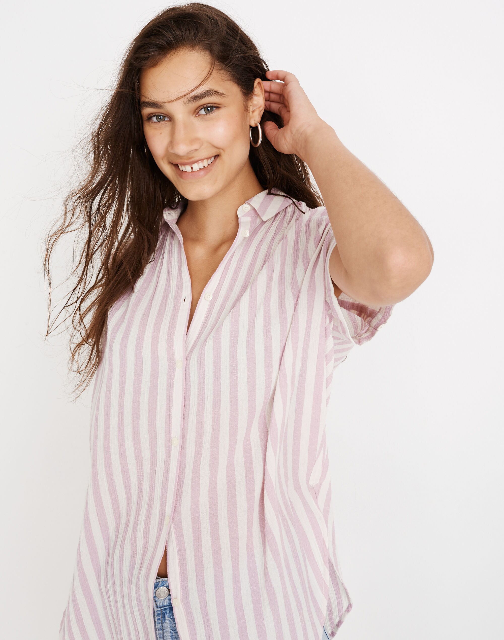 Petite Central Tunic Shirt in Lavender Stripe
