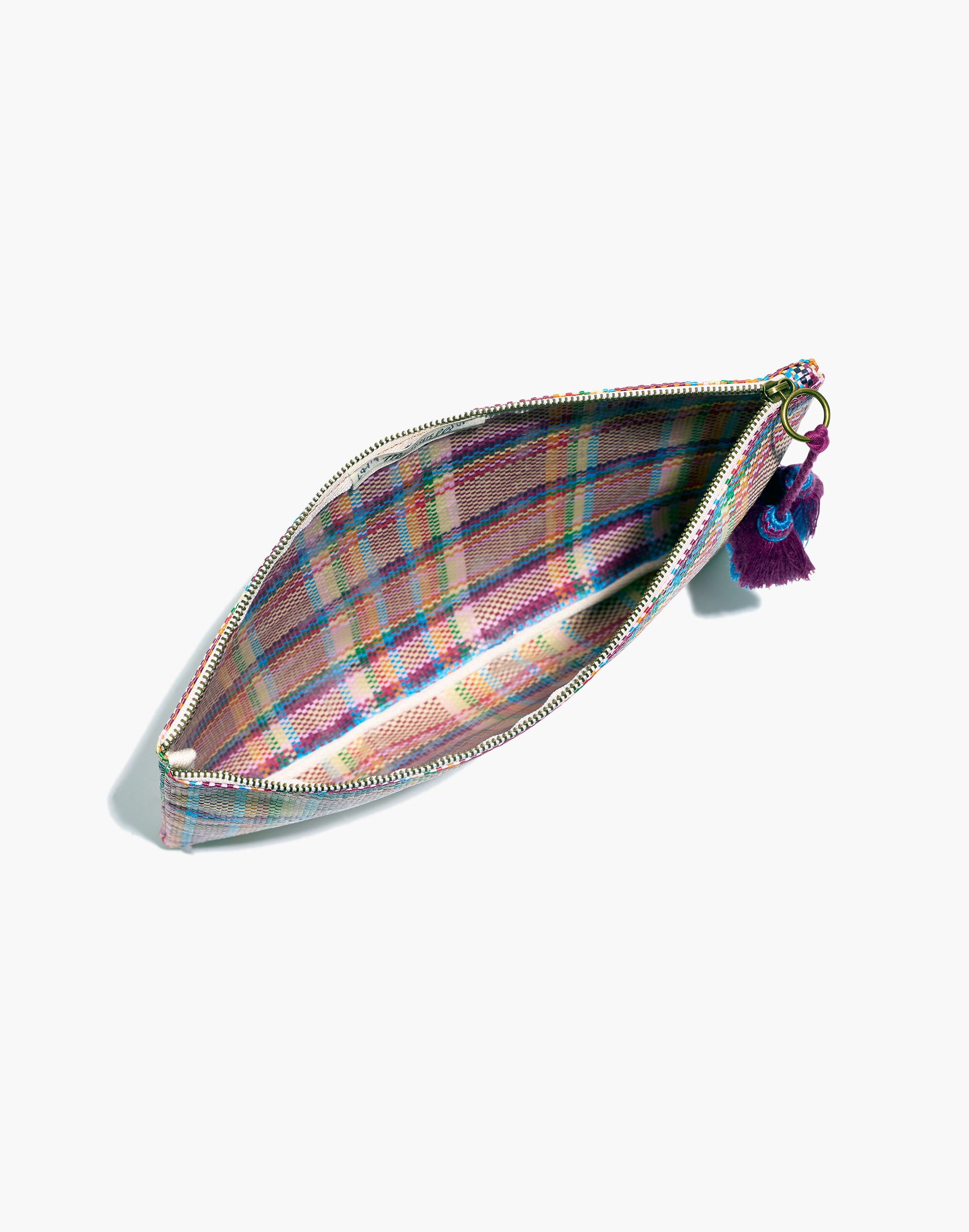 Large Woven Plaid Tassel Zip Pouch