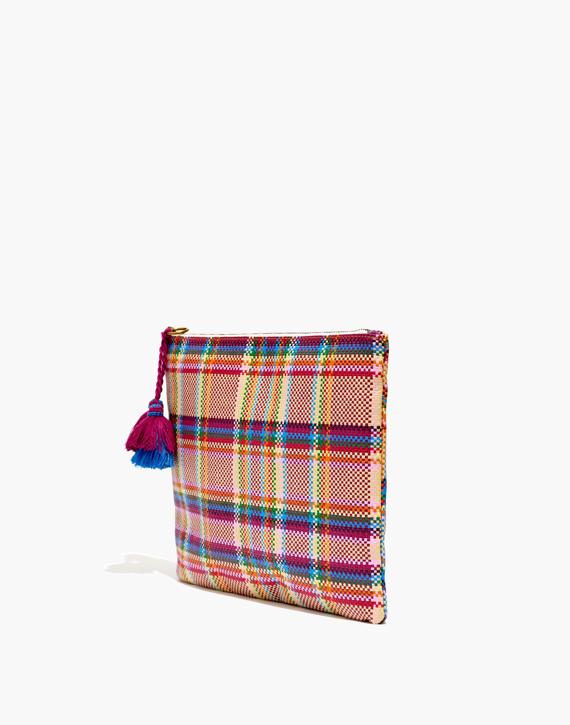Large Woven Plaid Tassel Zip Pouch