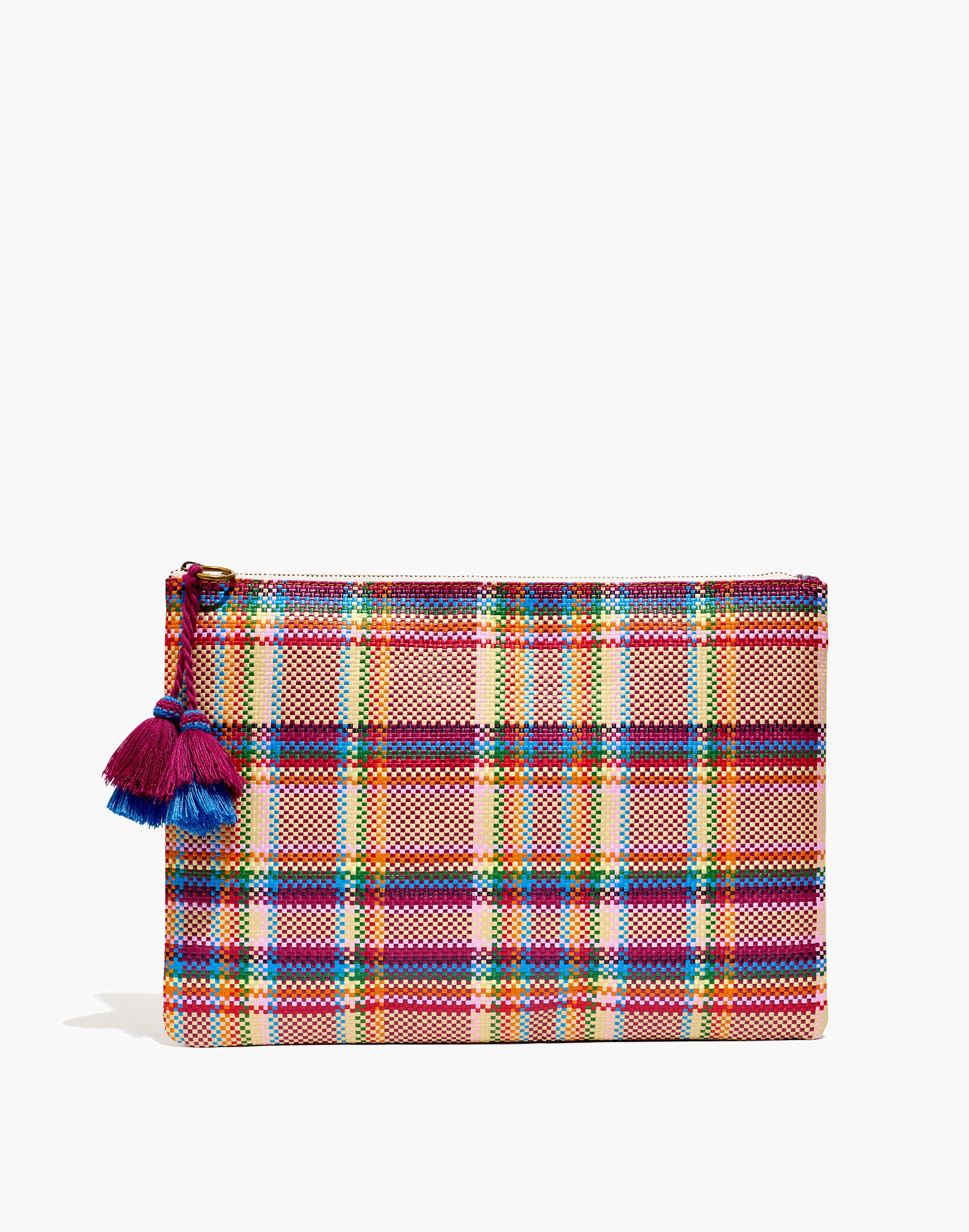 Large Woven Plaid Tassel Zip Pouch