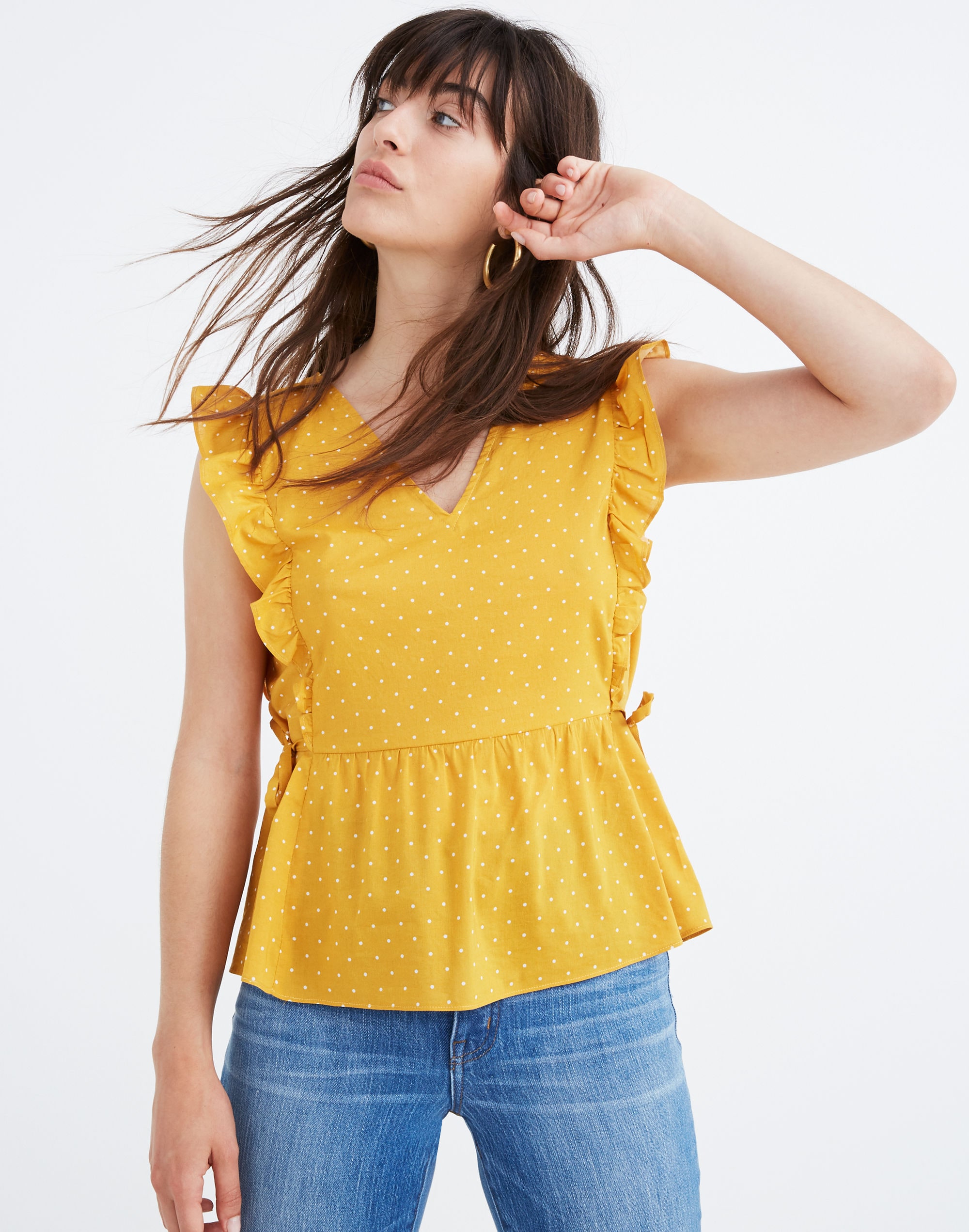 Side-Tie Ruffle Peplum Top in Polka Dot