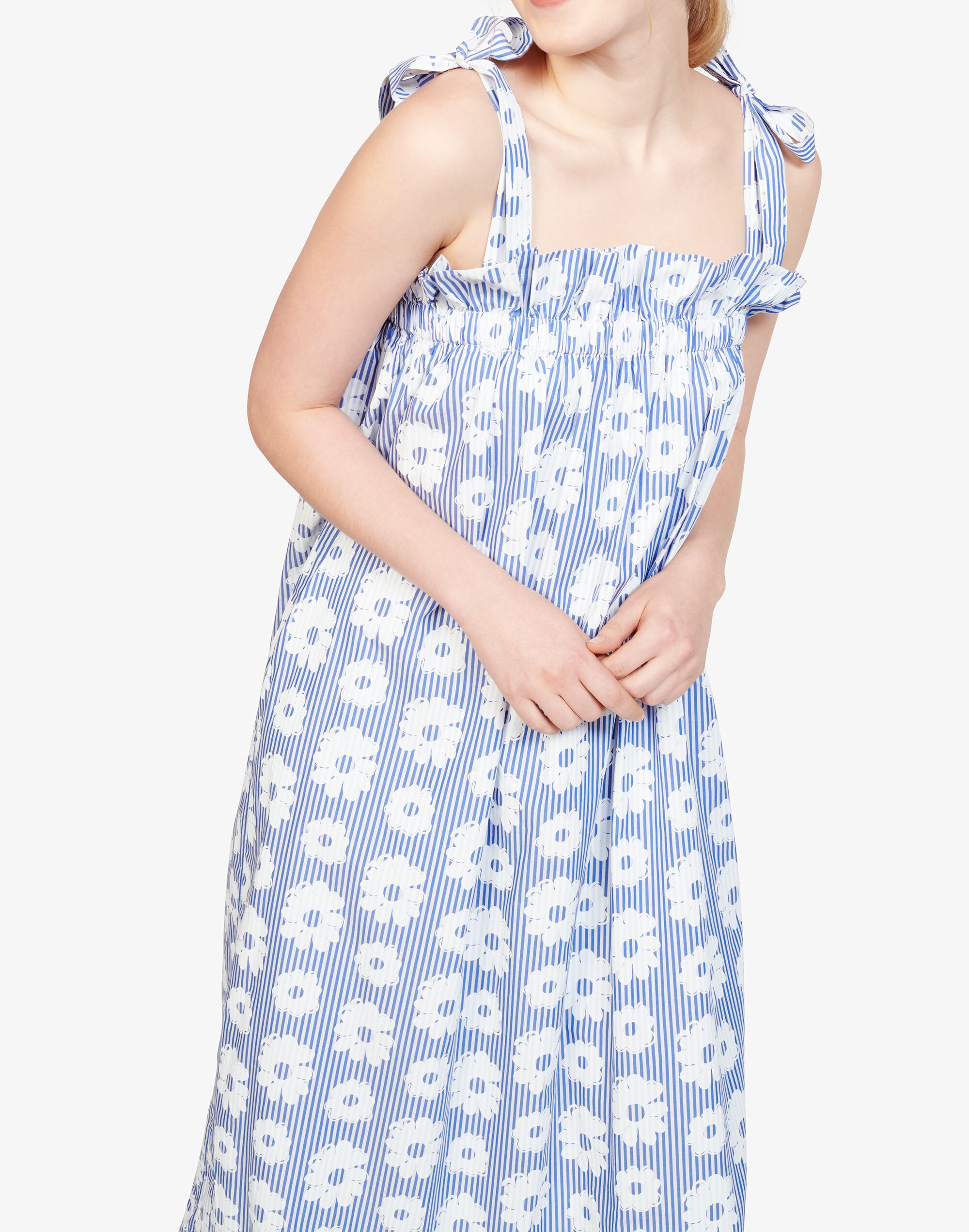 WHIT&reg; Fan Tie-Strap Midi Dress in Daisies on Stripe
