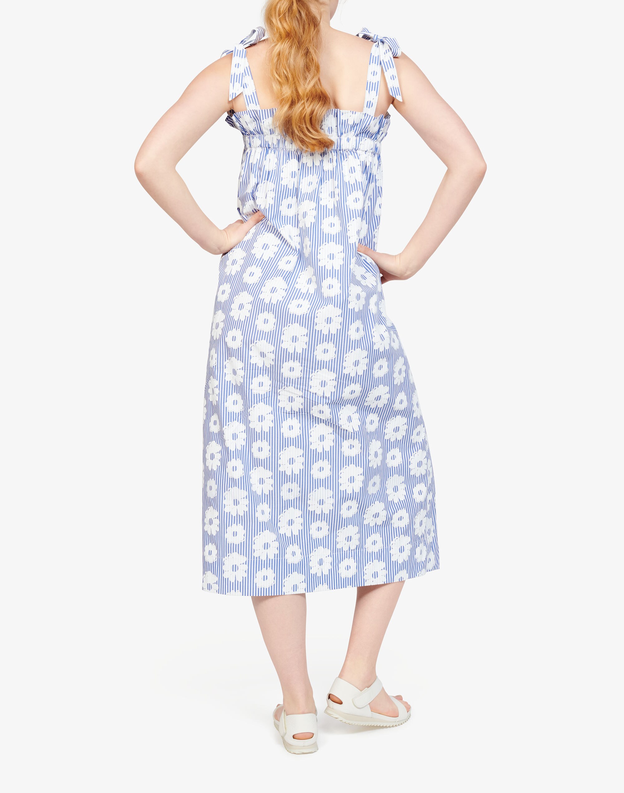 WHIT&reg; Fan Tie-Strap Midi Dress in Daisies on Stripe