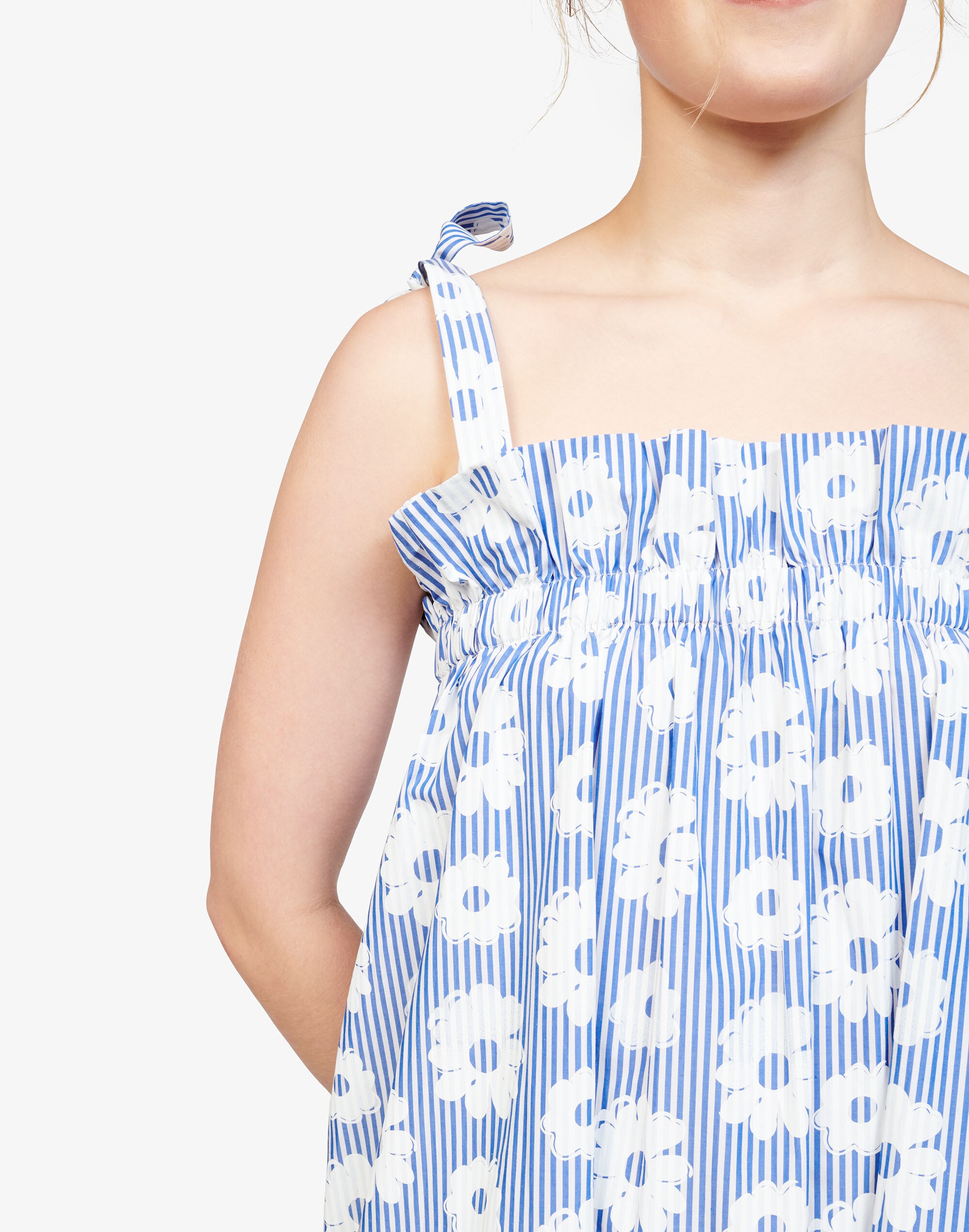 WHIT&reg; Fan Tie-Strap Midi Dress in Daisies on Stripe