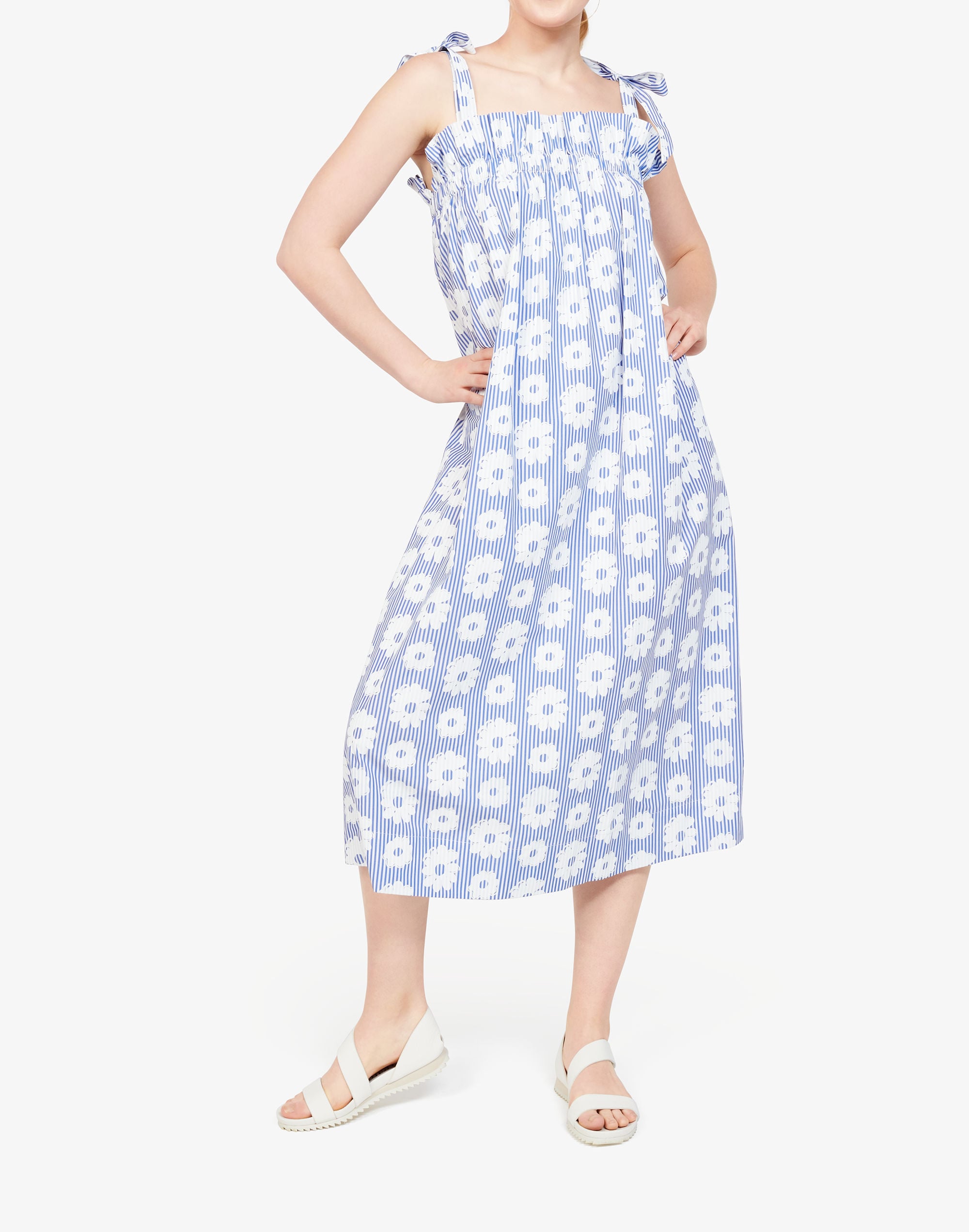 WHIT&reg; Fan Tie-Strap Midi Dress in Daisies on Stripe