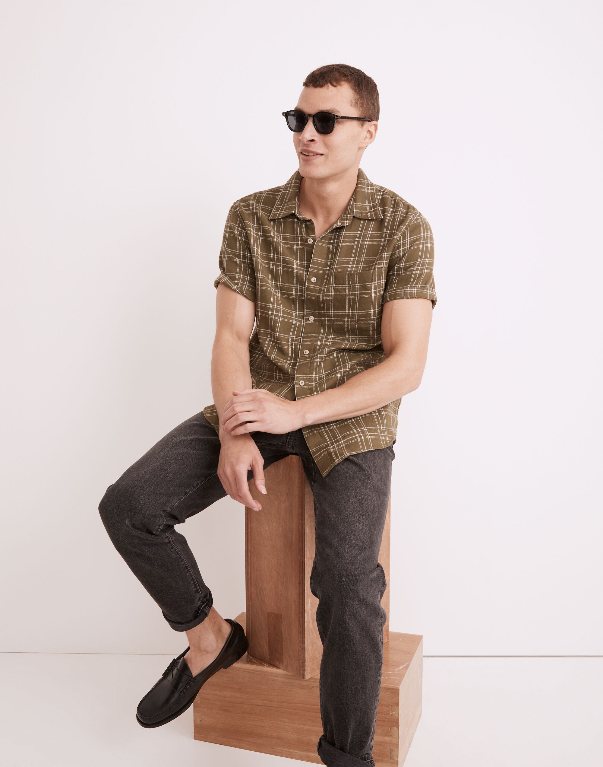 Cotton Perfect Short-Sleeve Shirt in Windowpane Check