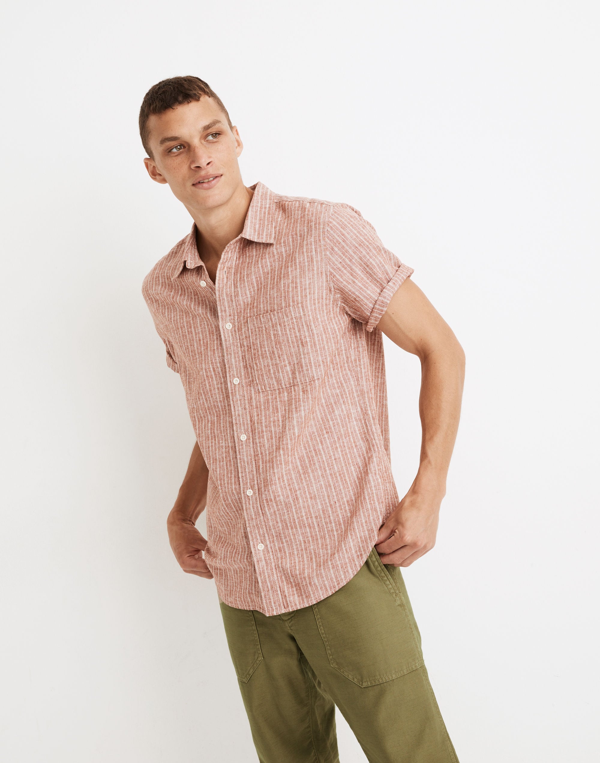 Linen-Cotton Short-Sleeve Perfect Shirt in Emanuel Stripe