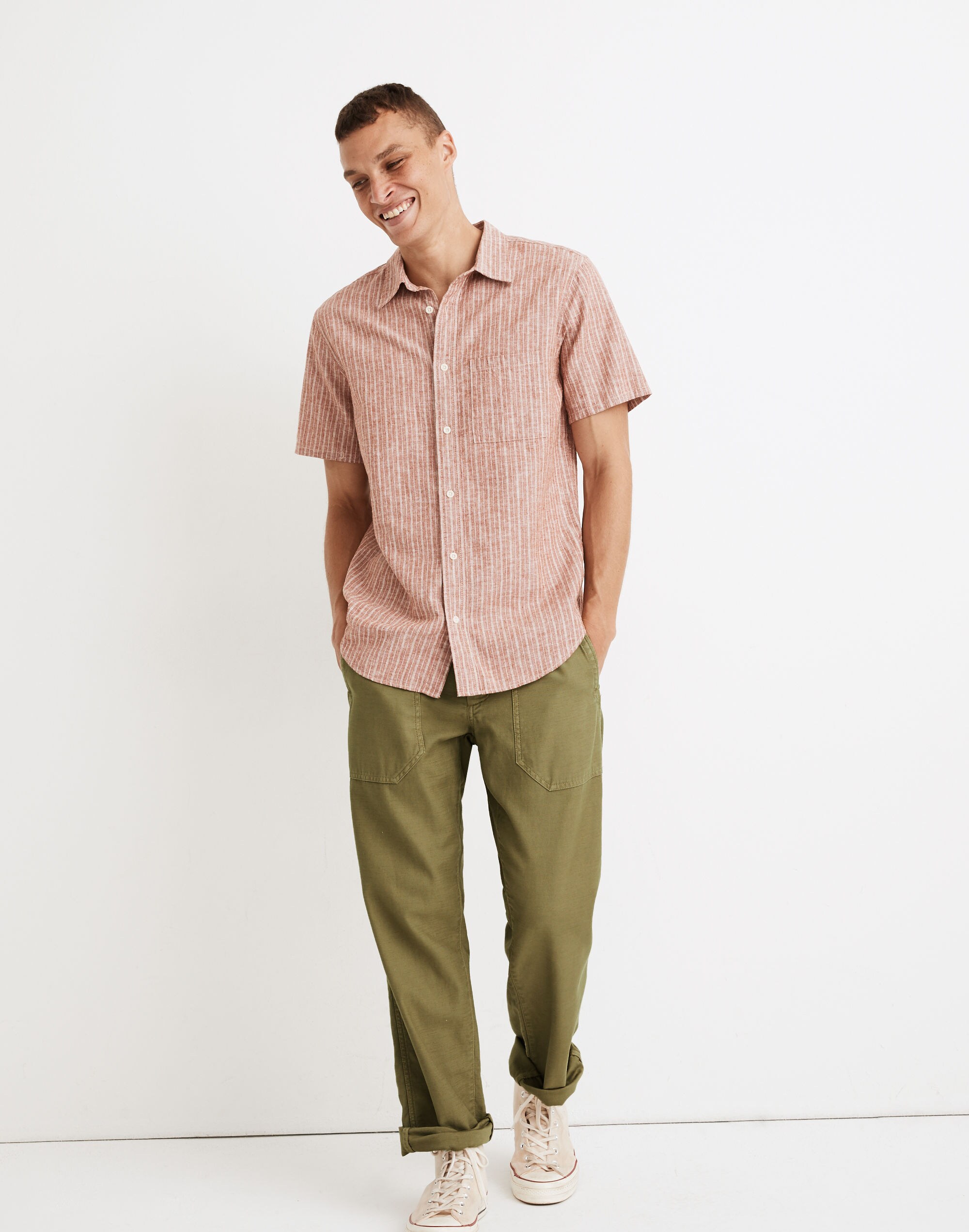 Linen-Cotton Short-Sleeve Perfect Shirt in Emanuel Stripe