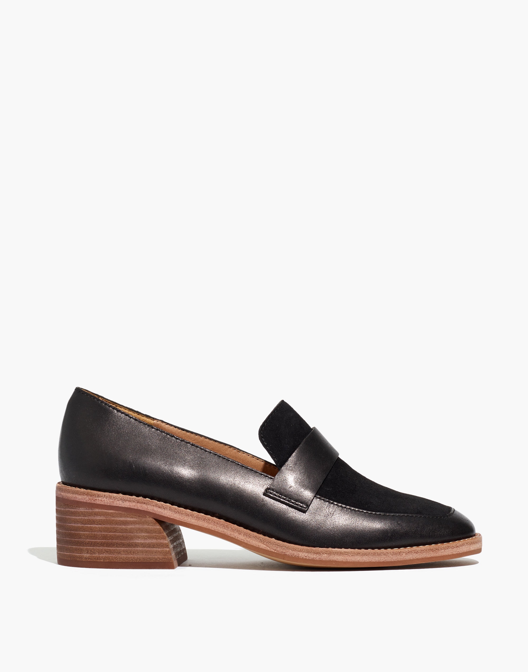 The Alex Heeled Loafer in Leather and Suede