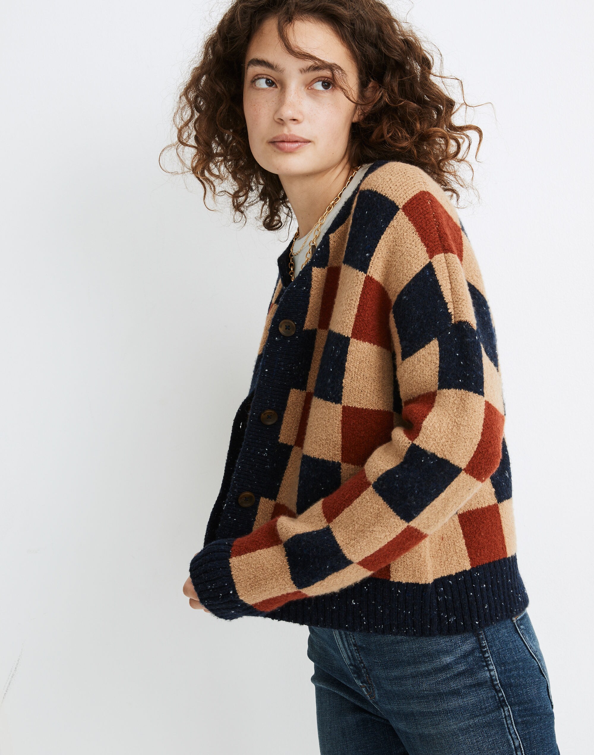 Checkered Colburne Cardigan Sweater in Coziest Textured Yarn