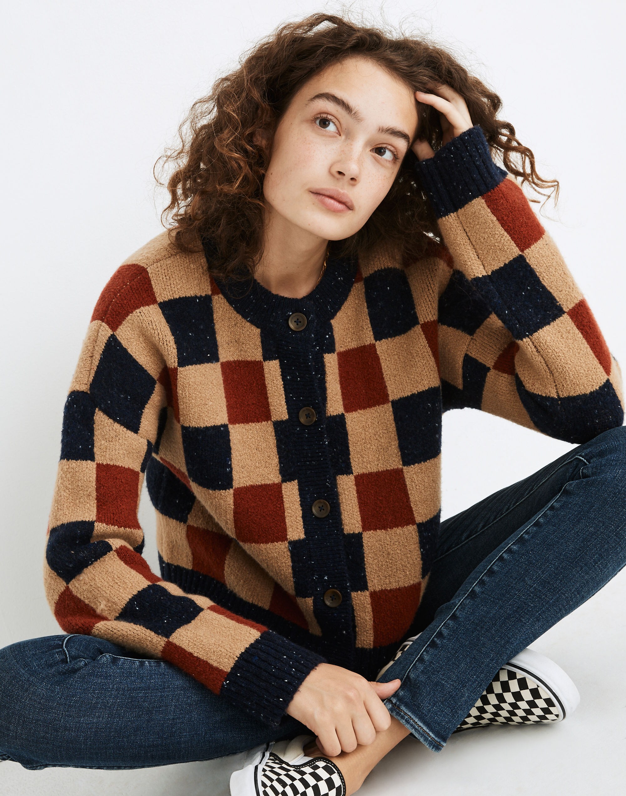 Checkered Colburne Cardigan Sweater in Coziest Textured Yarn