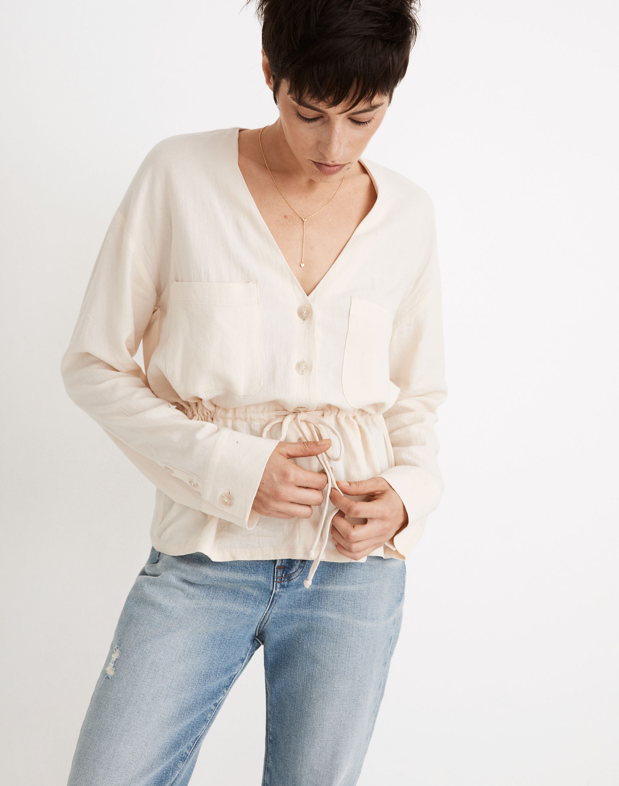 Linen-Blend Drawstring Peplum Top