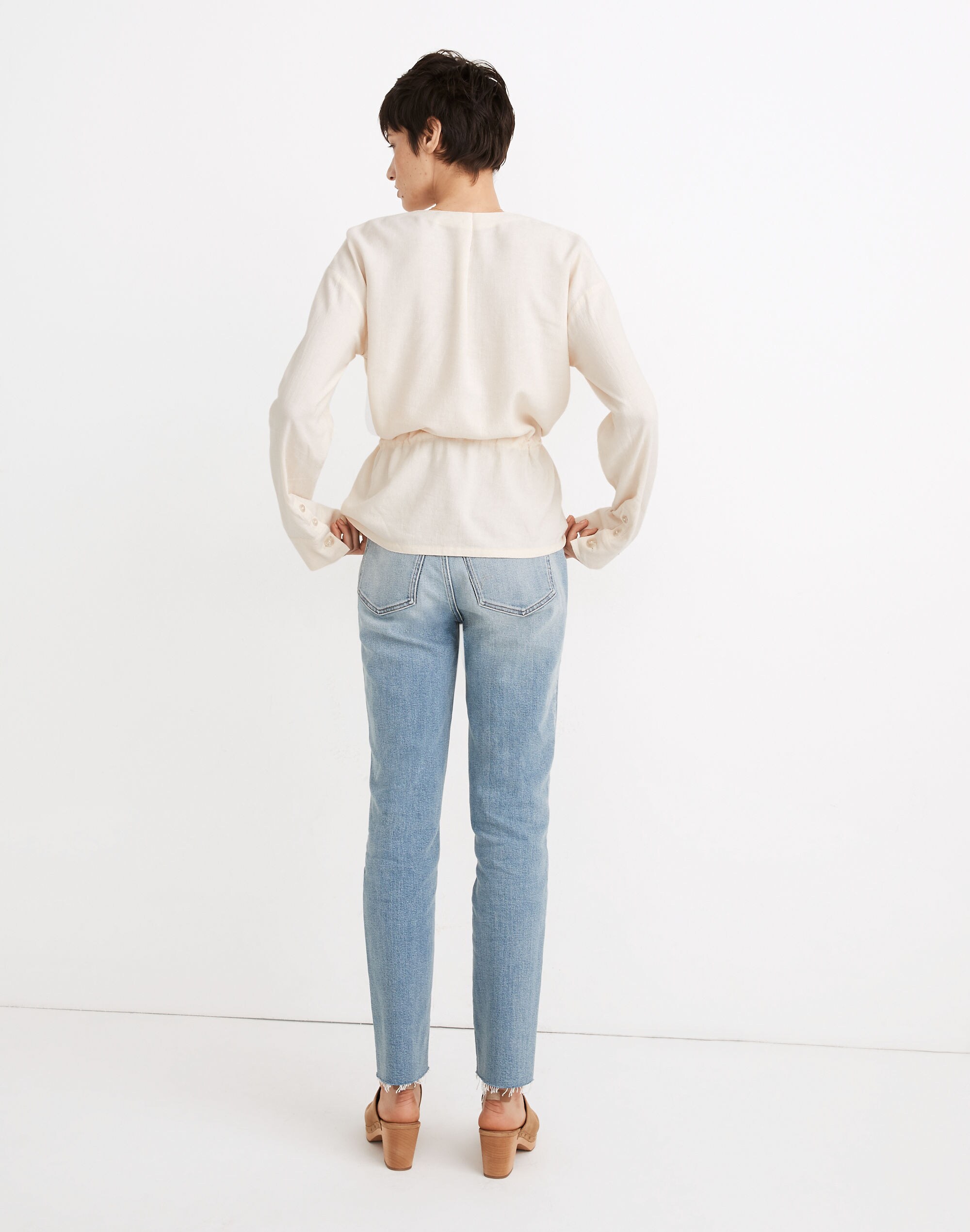 Linen-Blend Drawstring Peplum Top