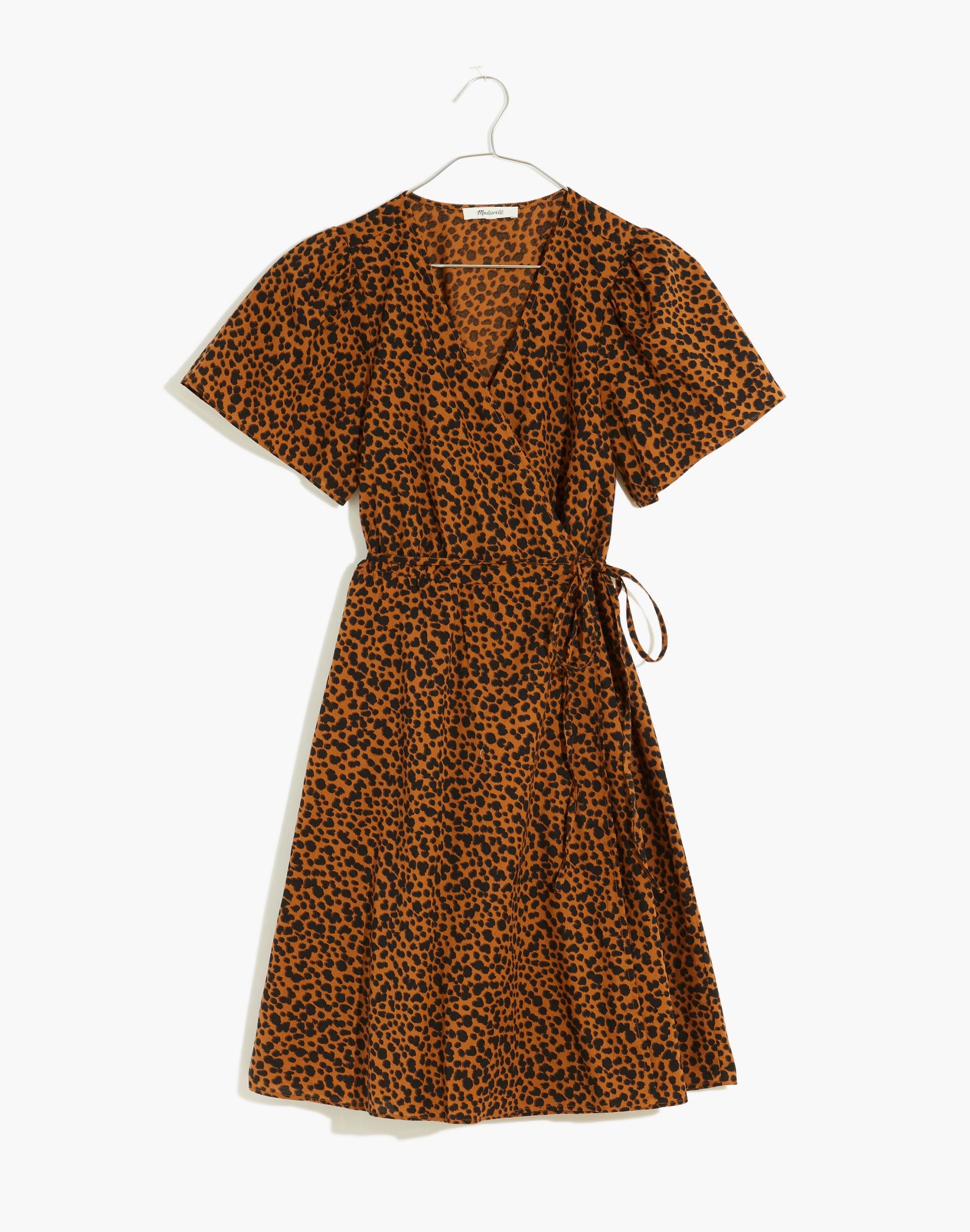 Flutter-Sleeve Wrap Mini Dress in Painted Leopard