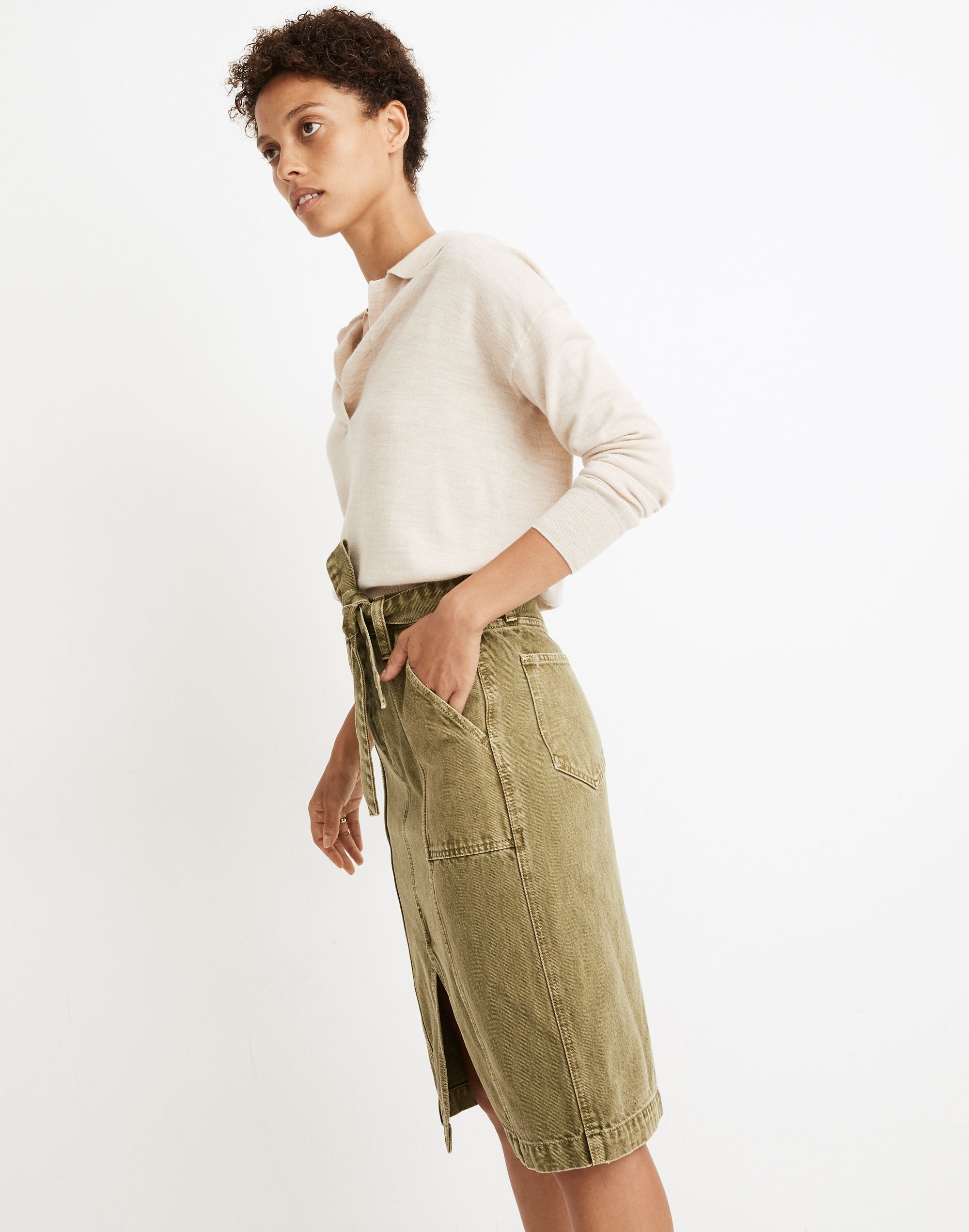 Garment-Dyed Rigid Denim Seamed Midi Skirt