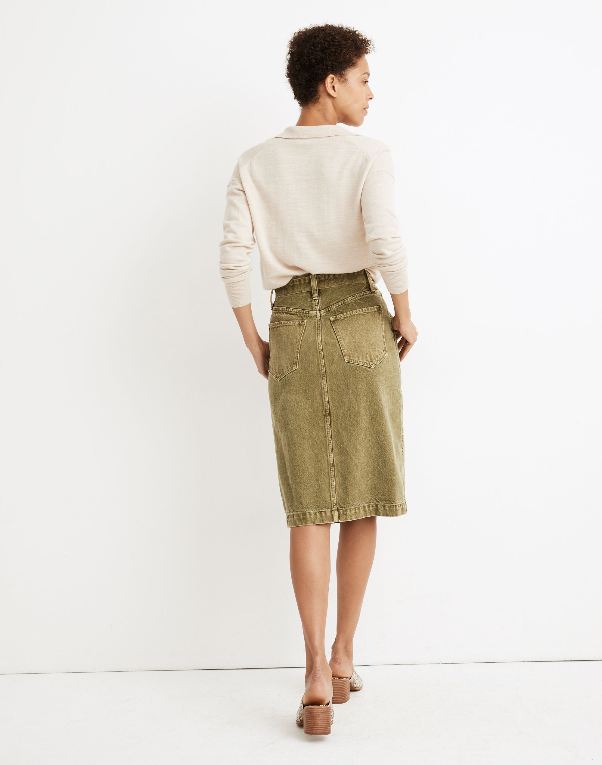 Garment-Dyed Rigid Denim Seamed Midi Skirt