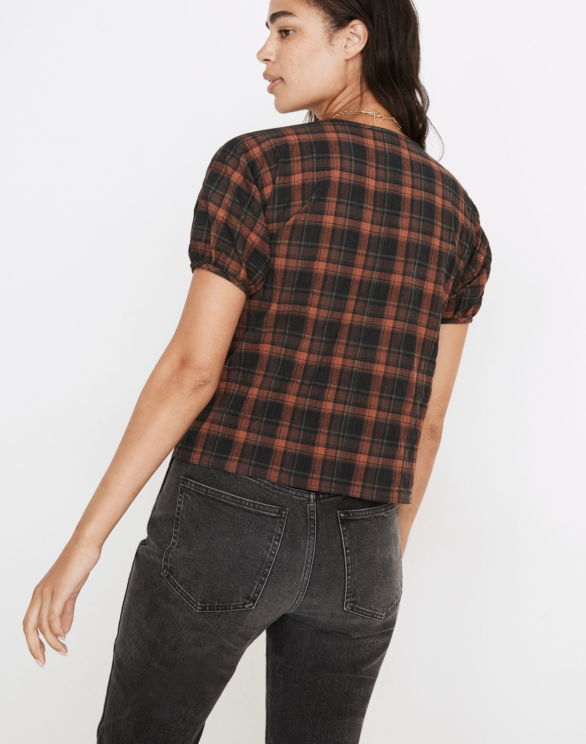 Gathered V-Neck Top in Plaid