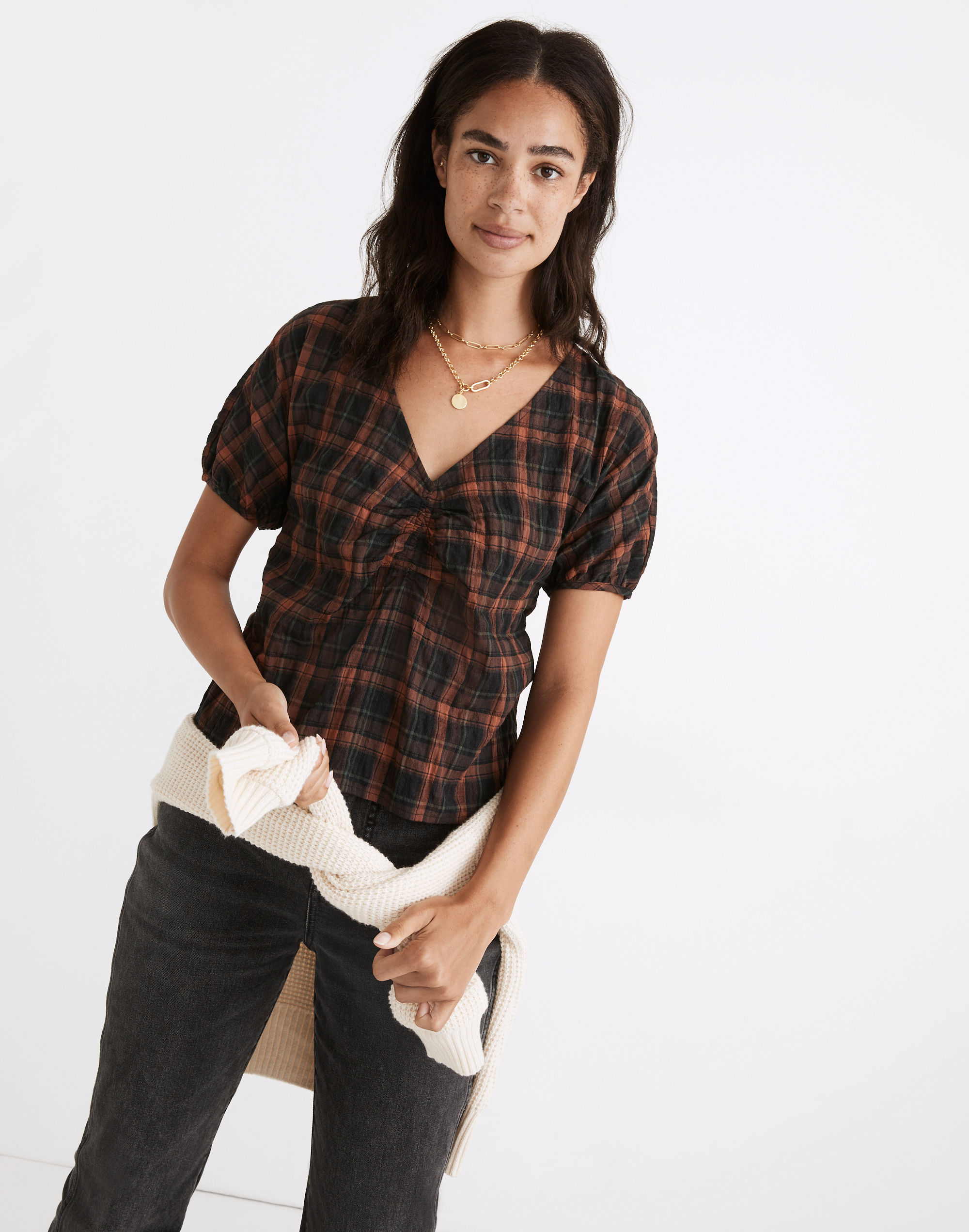 gathered v-neck top in plaid