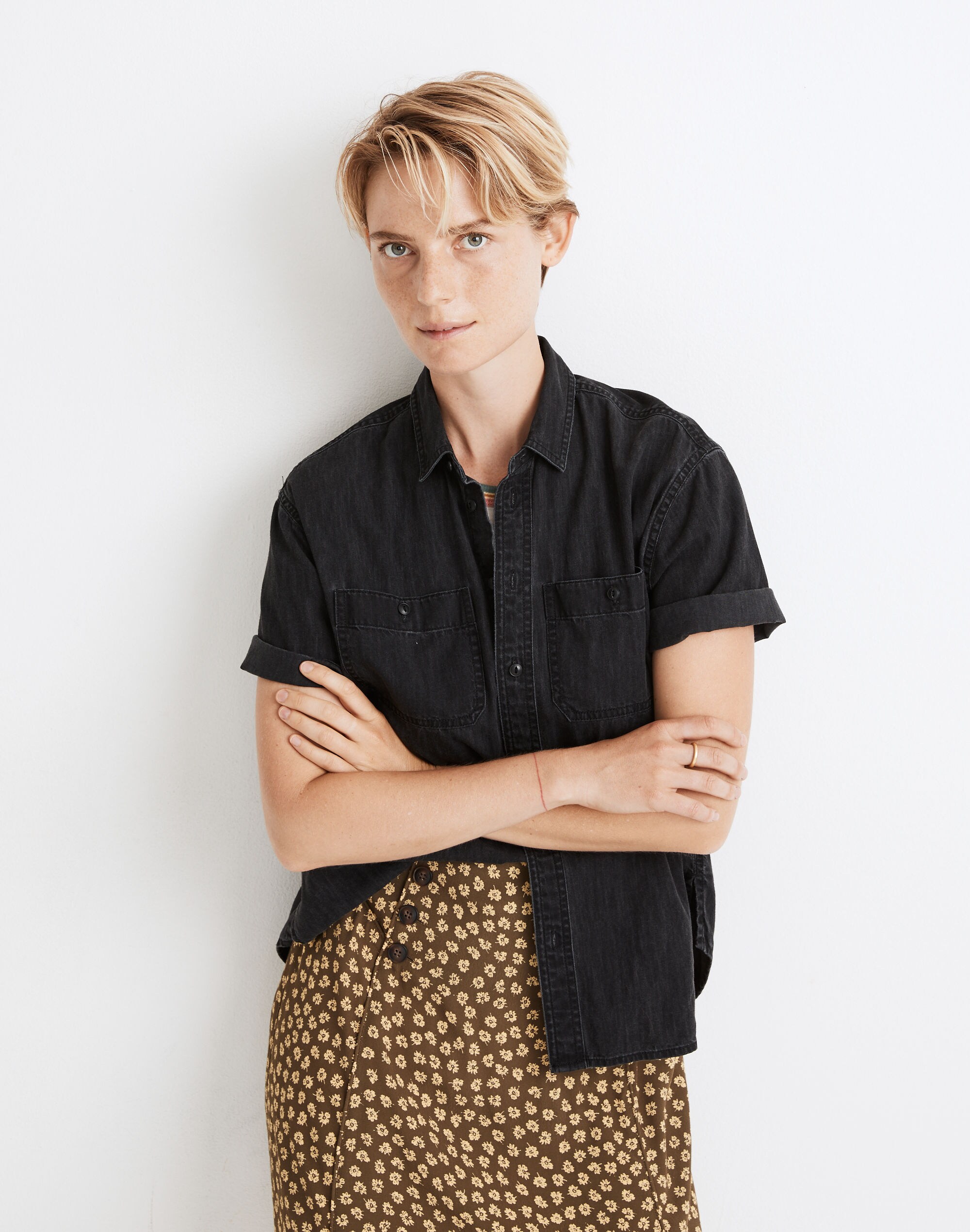 Denim Oversized Ex-Boyfriend Short-Sleeve Shirt in Lunar Wash