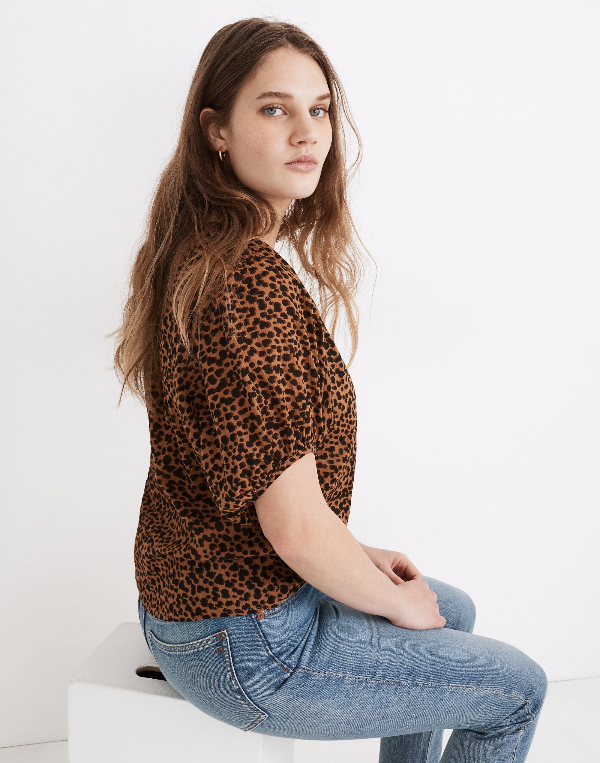 Balloon-Sleeve Button-Up Top in Painted Leopard