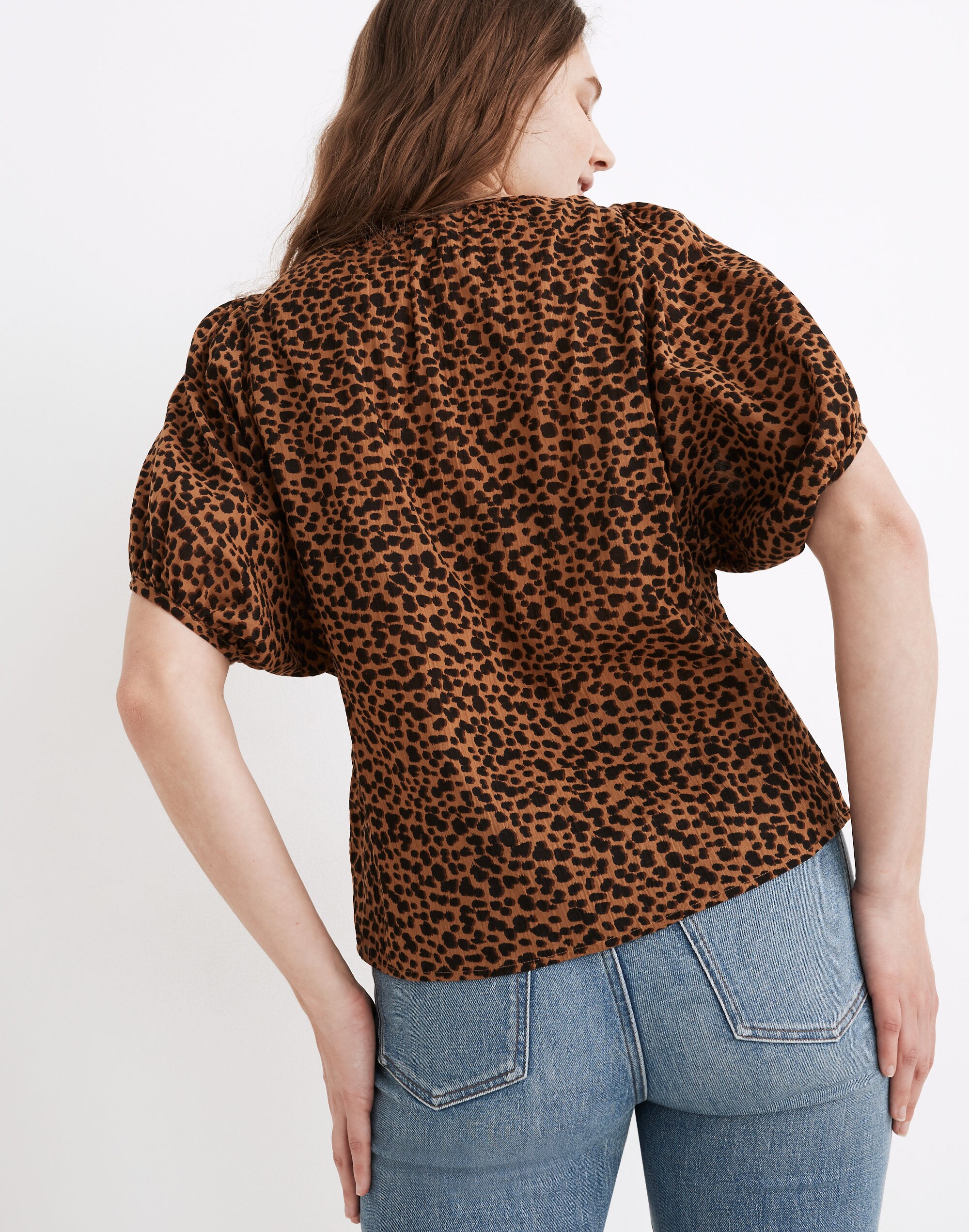 Balloon-Sleeve Button-Up Top in Painted Leopard