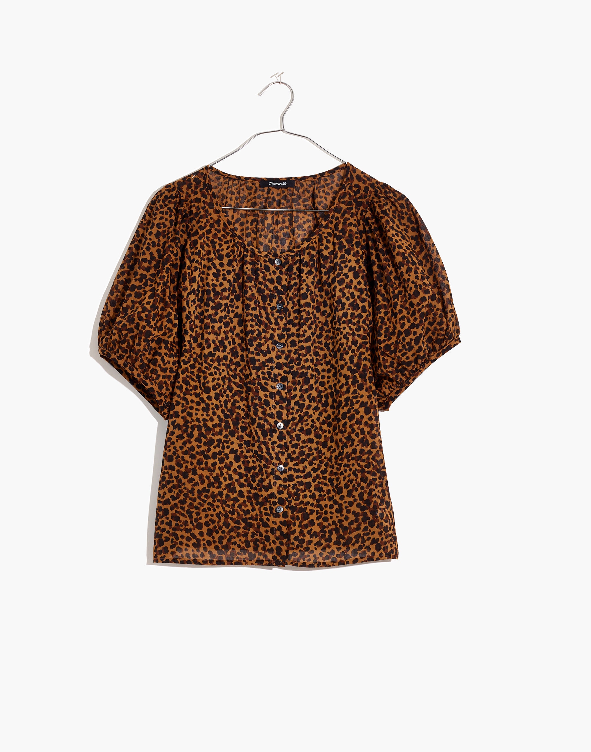 Balloon-Sleeve Button-Up Top in Painted Leopard