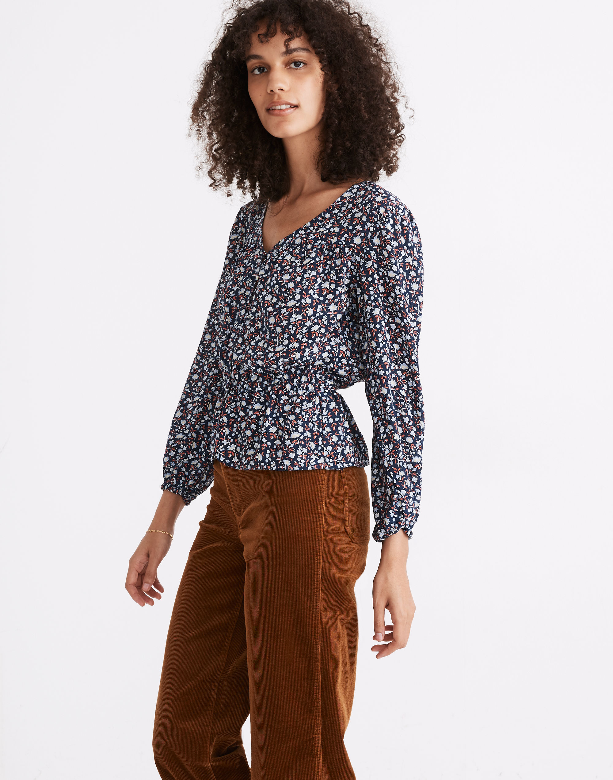 Silk Button-Front Peplum Top in Harvest Vine