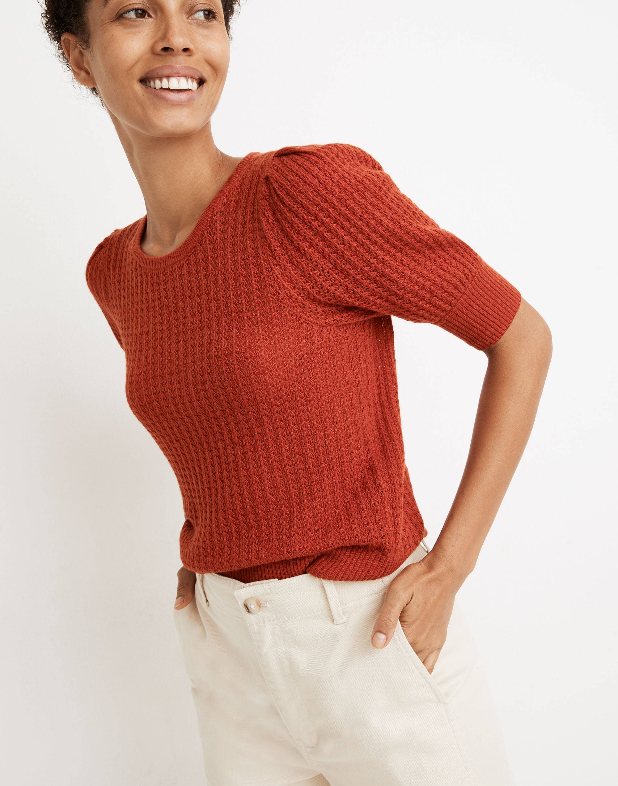 Pointelle Puff-Sleeve Sweater Tee