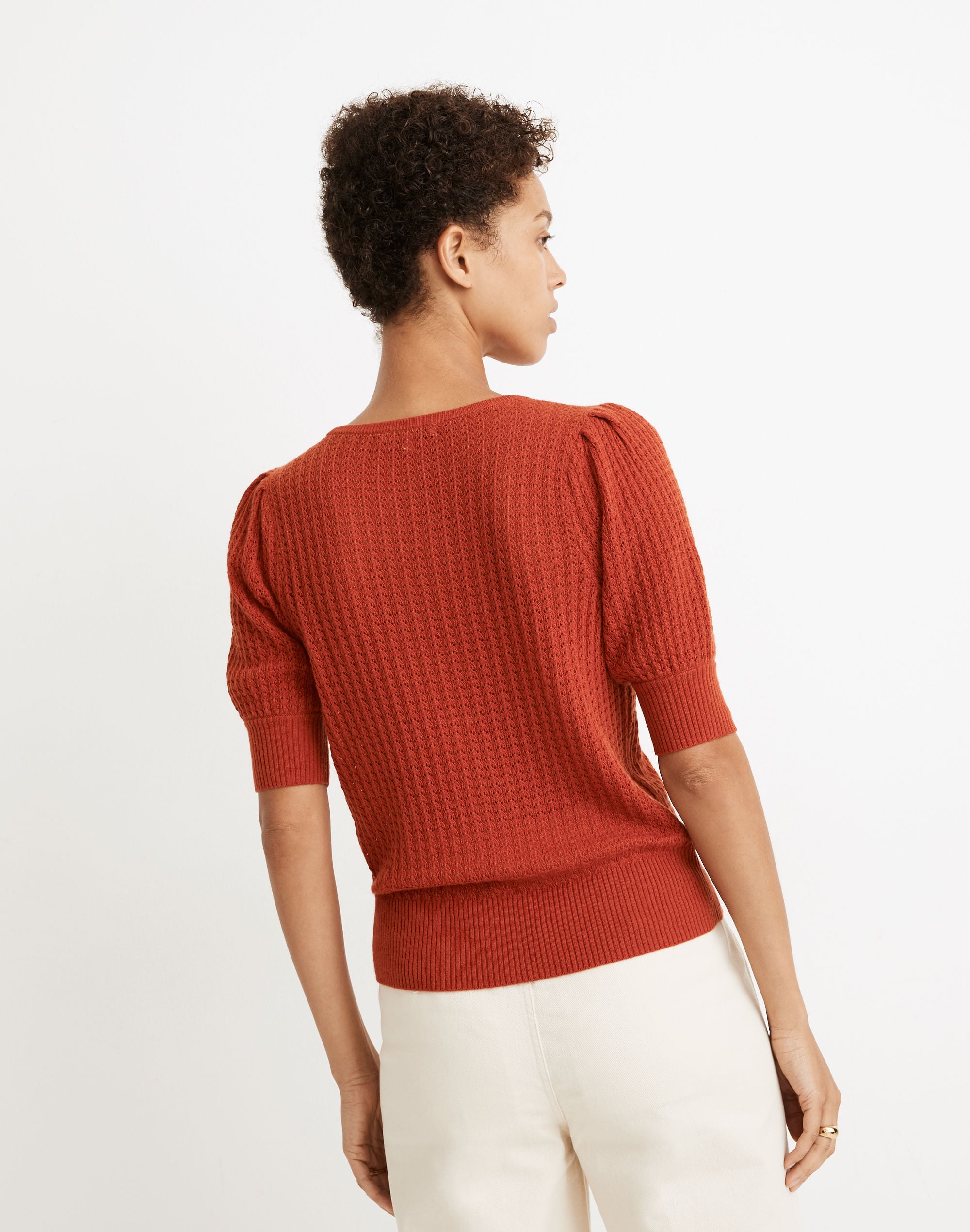 Pointelle Puff-Sleeve Sweater Tee