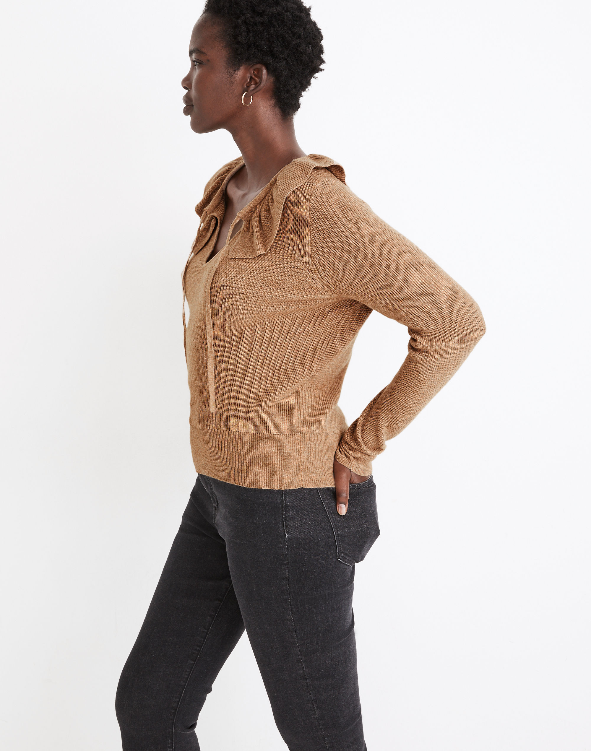 Tie-Neck Ruffle Pullover Sweater