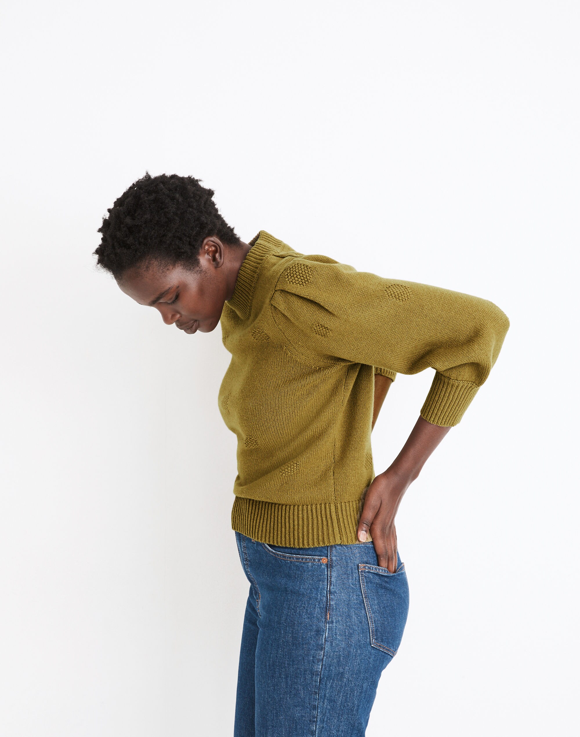 Dotted Eaton Puff-Sleeve Pullover Sweater in Cotton-Merino Yarn