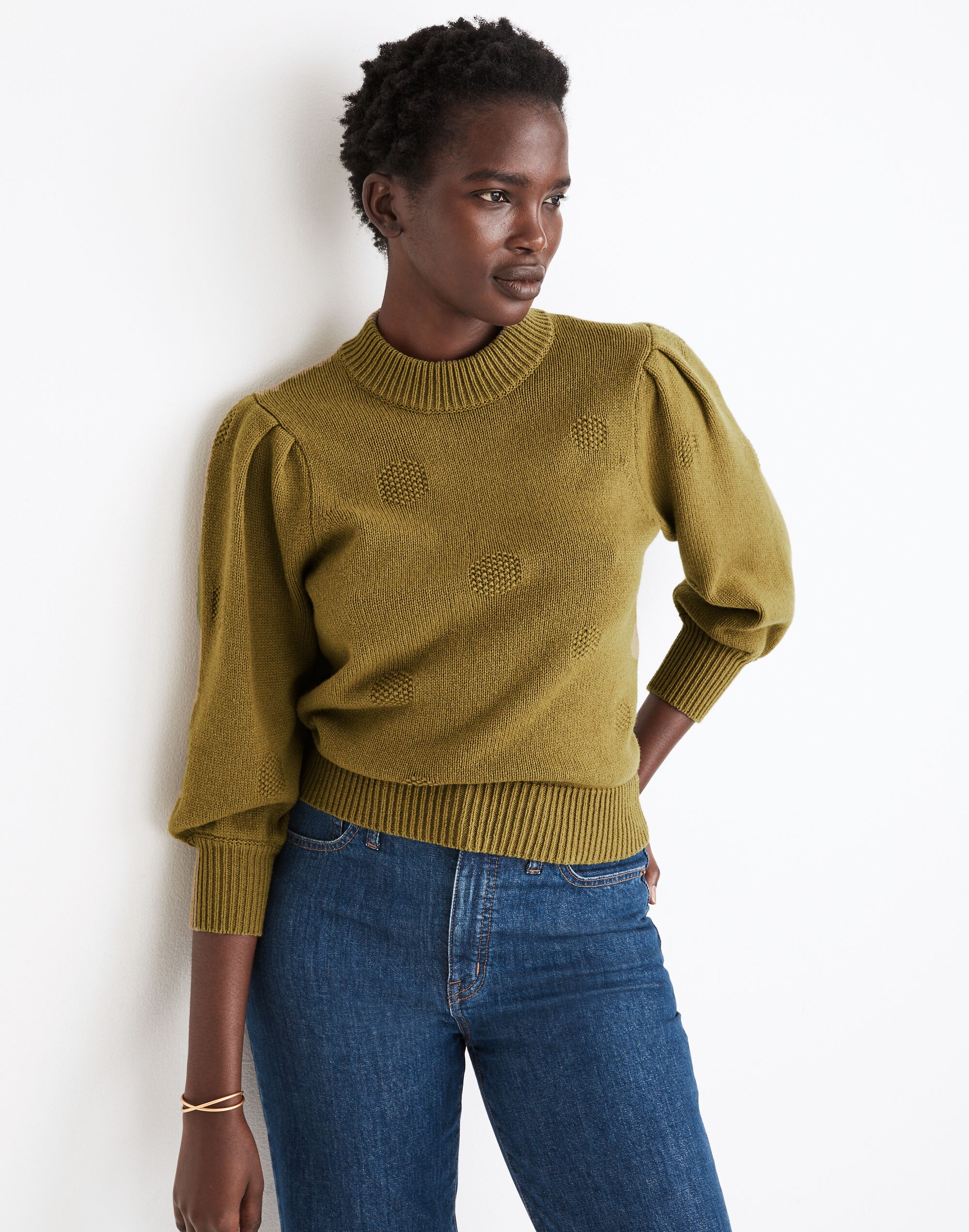 Dotted Eaton Puff-Sleeve Pullover Sweater in Cotton-Merino Yarn