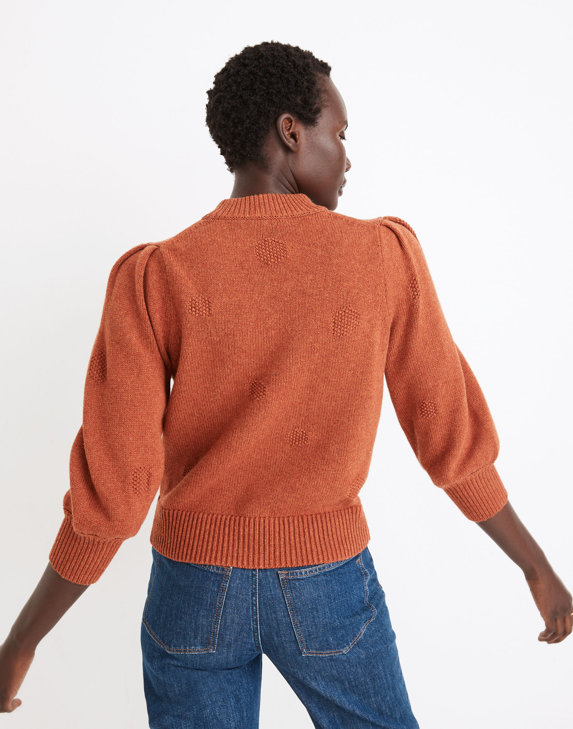 Dotted Eaton Puff-Sleeve Pullover Sweater in Cotton-Merino Yarn
