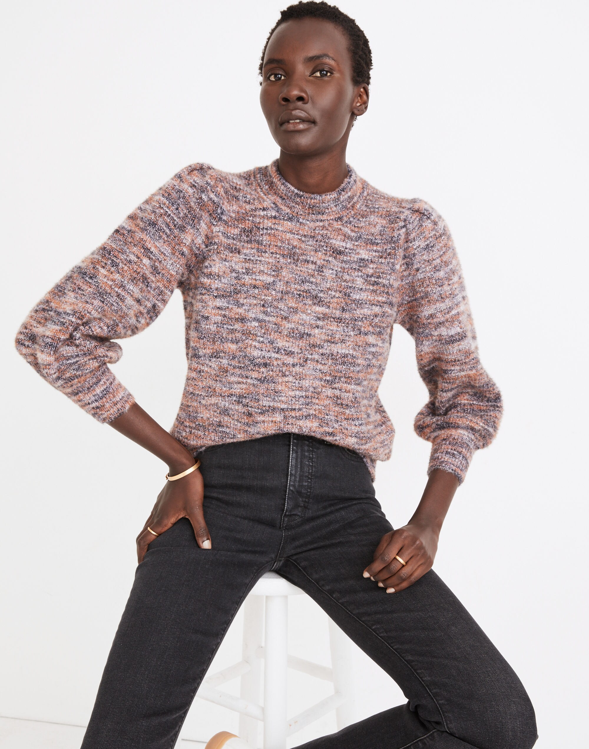 Space-Dyed Eaton Puff-Sleeve Pullover Sweater