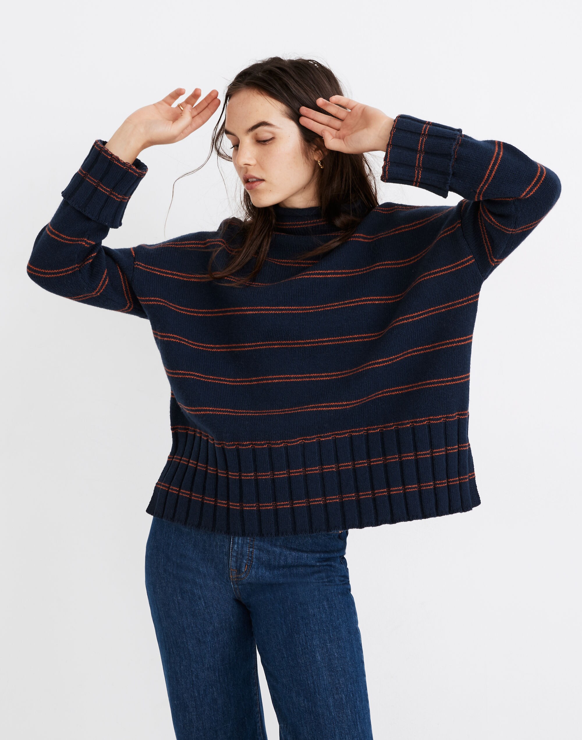 striped glenmoor mockneck sweater in cotton-merino yarn