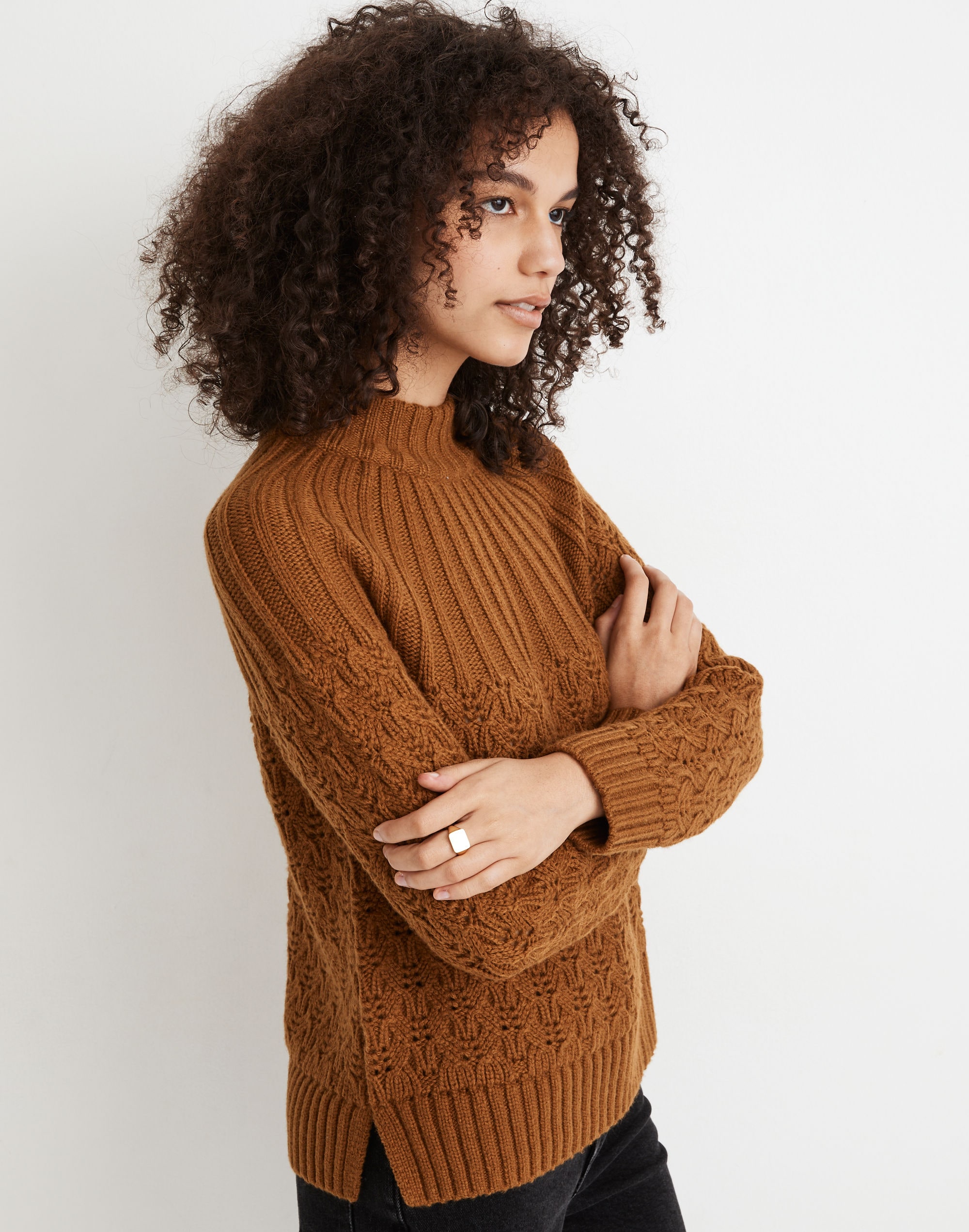 Pointelle Stitch-Mix Mockneck Sweater