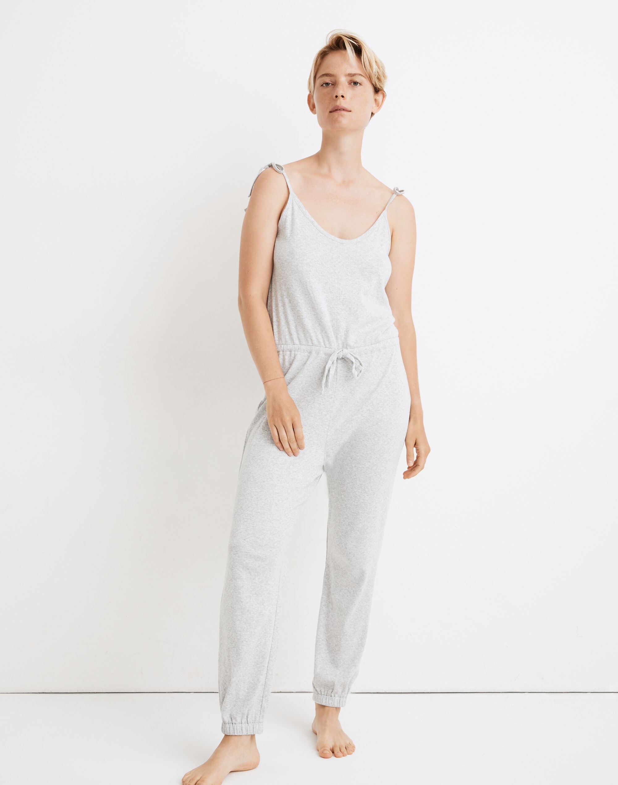 Knit Pointelle Tie-Strap Pajama Jumpsuit