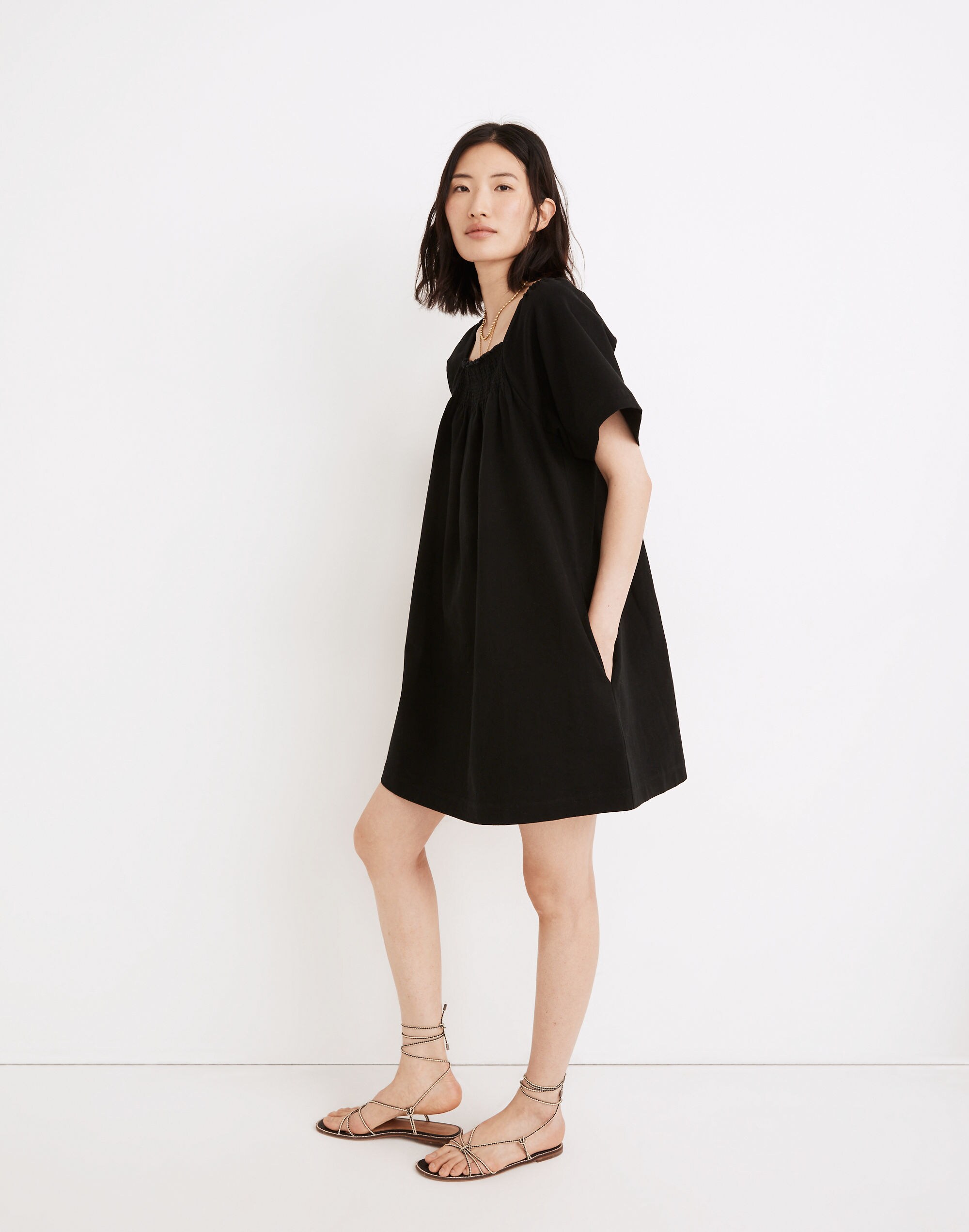 Smocked-Neck Wide-Sleeve Mini Dress